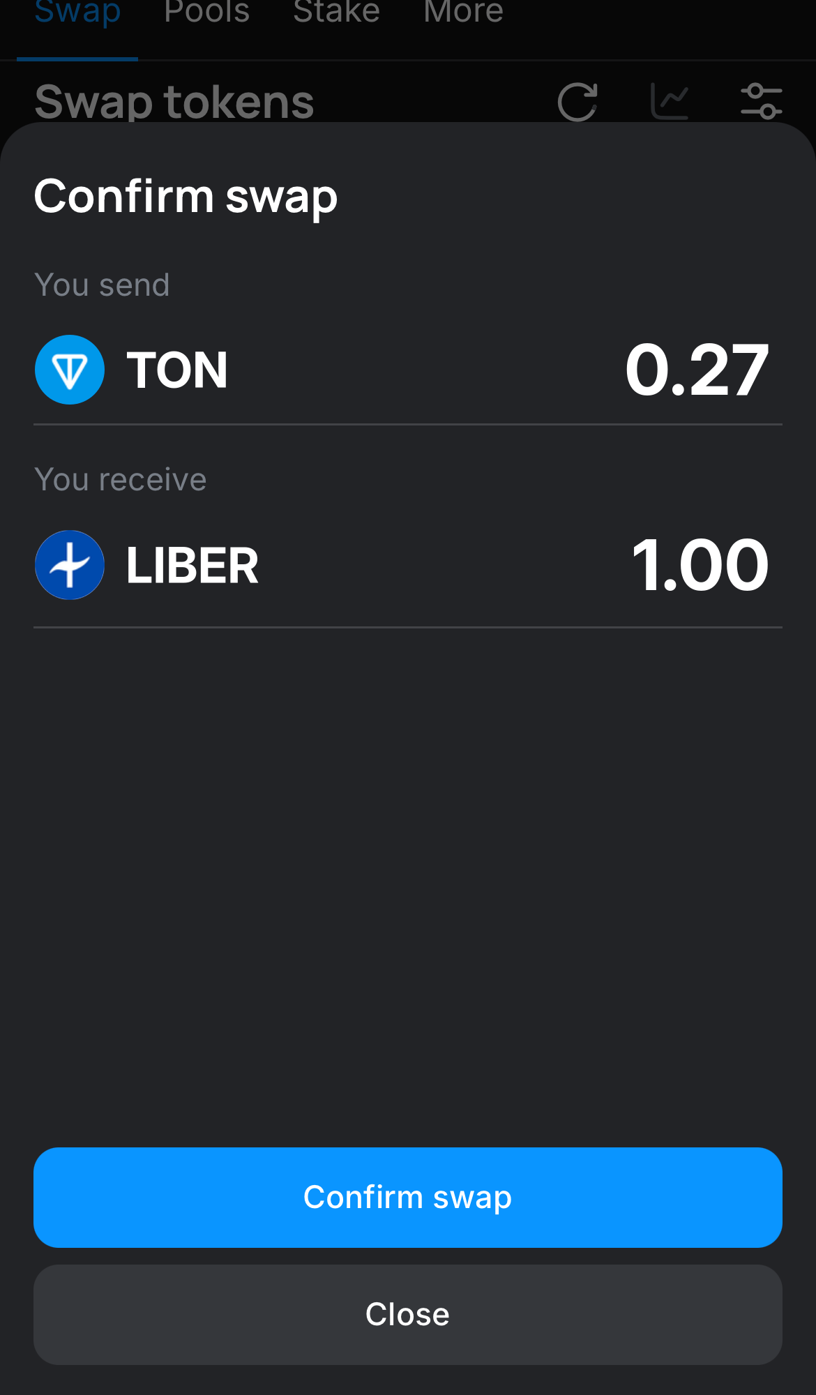 Cliquez sur ‘Swap‘, vérifiez les détails, puis confirmez la transaction en cliquant sur le bouton ‘Confirm swap‘.