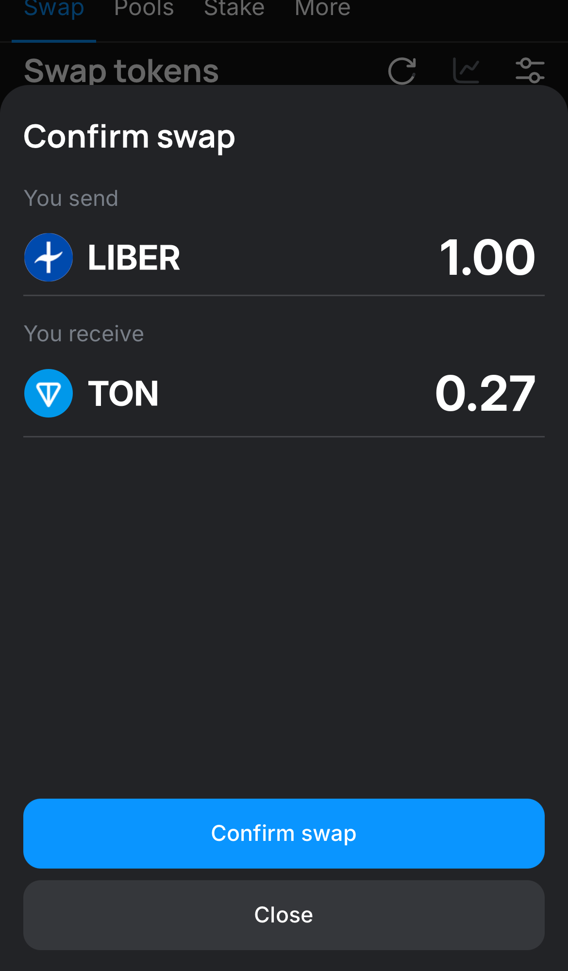 Cliquez sur ‘Swap‘, vérifiez les détails, puis confirmez la transaction en cliquant sur le bouton ‘Confirm swap‘.