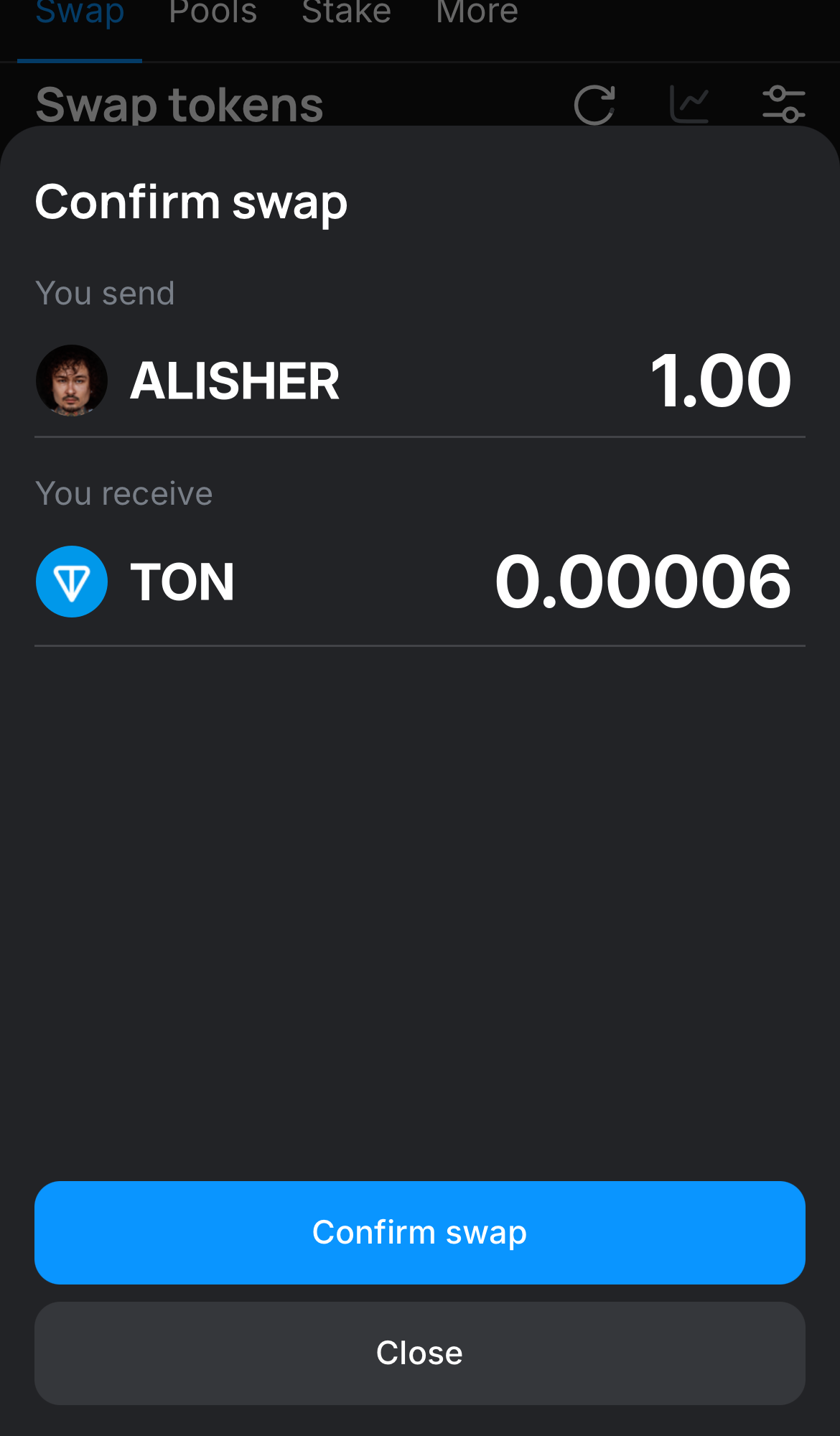 Cliquez sur ‘Swap‘, vérifiez les détails, puis confirmez la transaction en cliquant sur le bouton ‘Confirm swap‘.