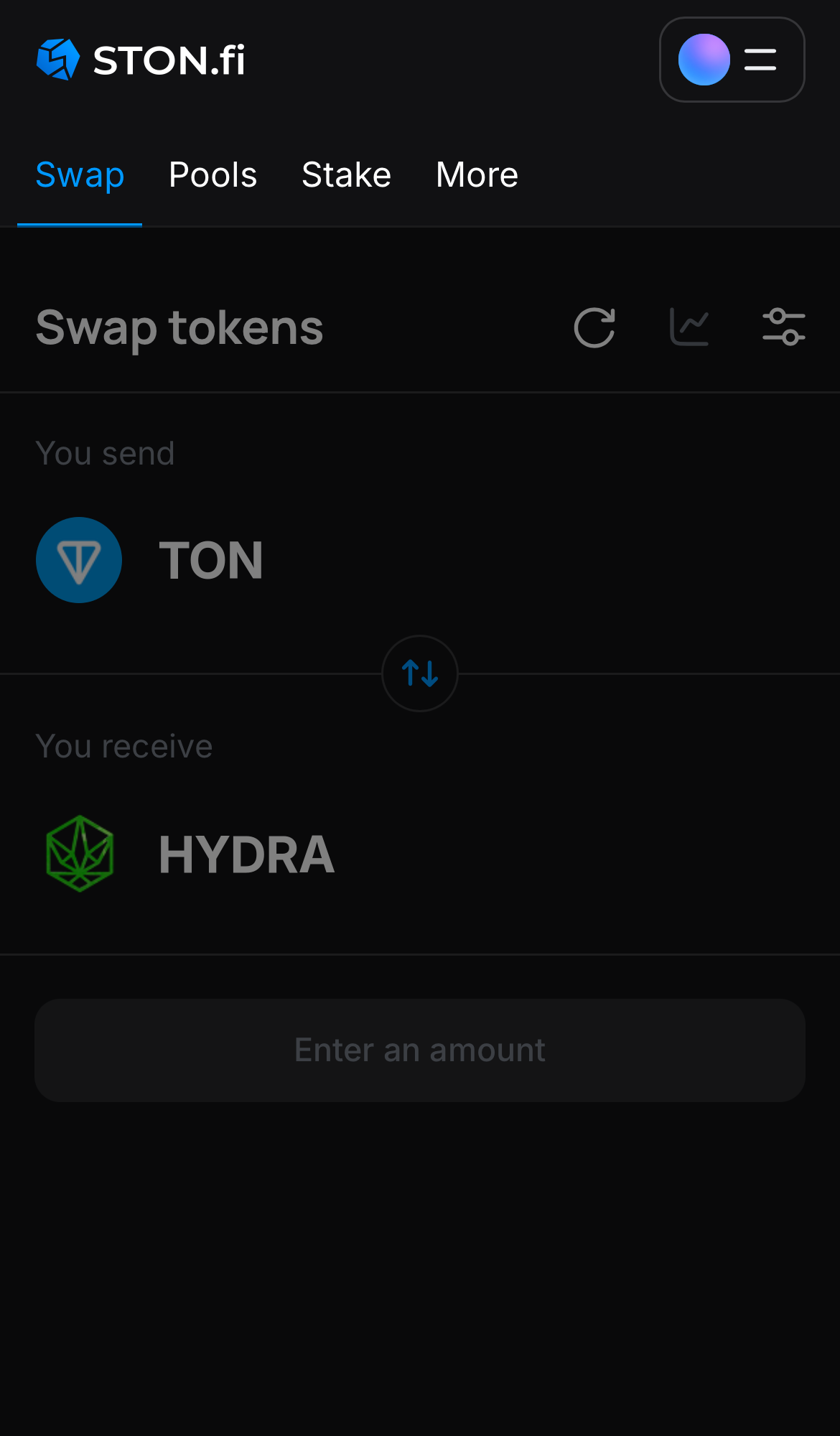 Open the STON.fi app and navigate to the ‘Swap‘ tab.