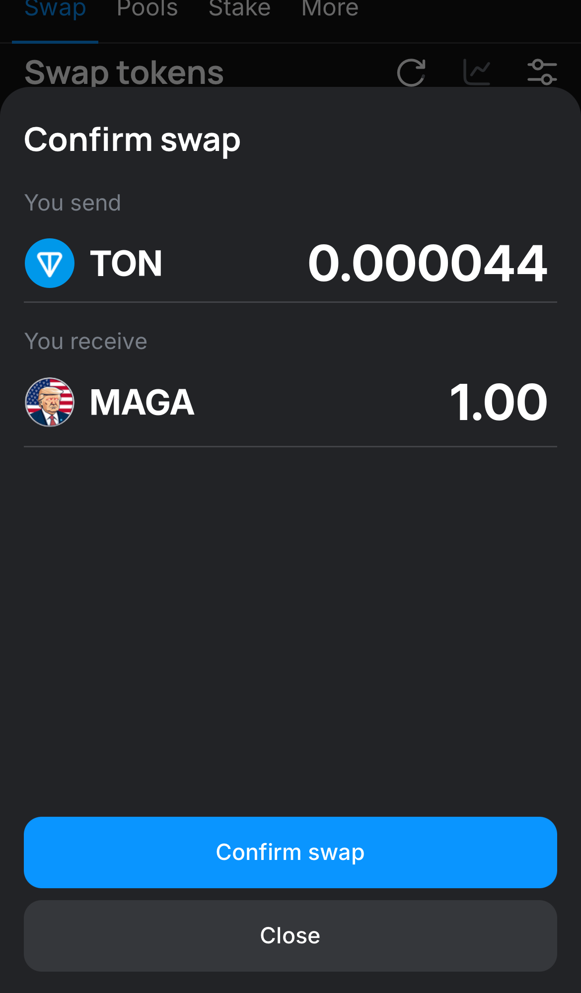 Click ‘Swap‘, double-check the details, and confirm the transaction by clicking the ‘Confirm swap‘ button.