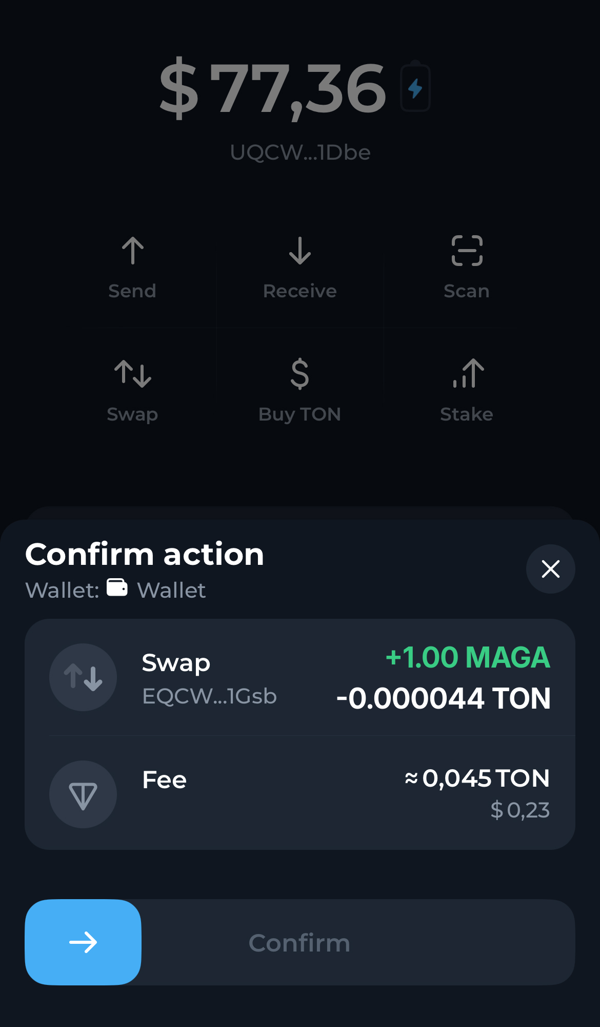 Confirm the swap in the popup notification in your wallet. Within seconds the MAGA tokens you acquired will appear in your wallet, visible on the main assets page.