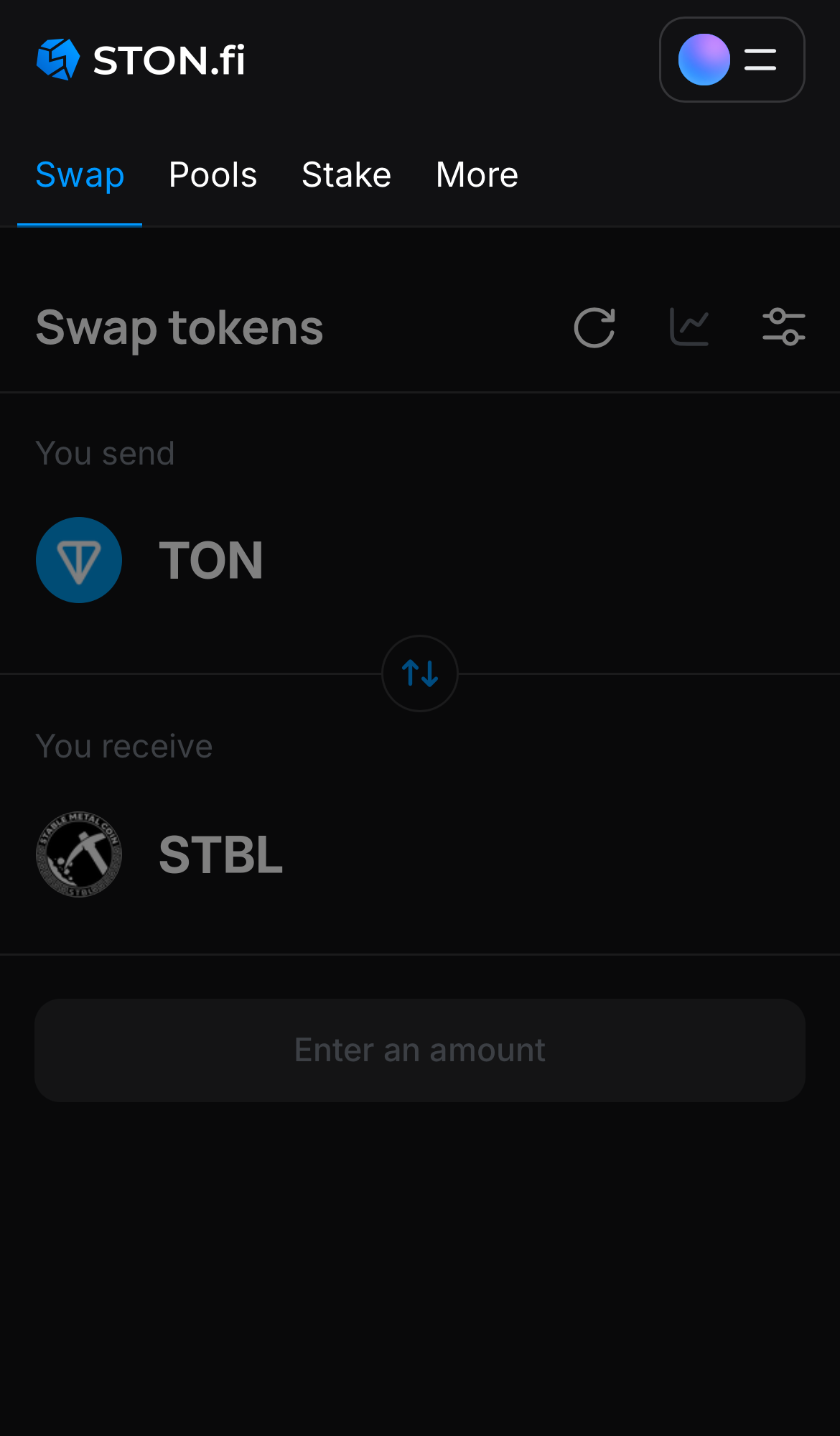 Open the STON.fi app and navigate to the ‘Swap‘ tab.