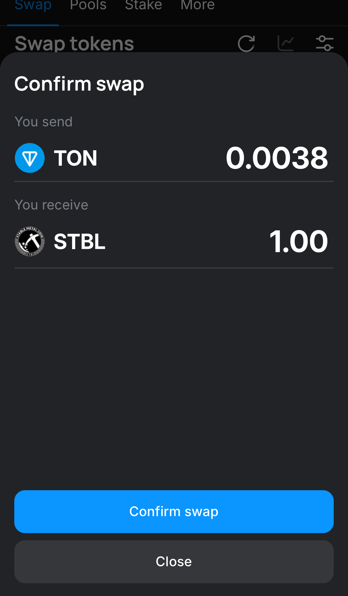 Click ‘Swap‘, double-check the details, and confirm the transaction by clicking the ‘Confirm swap‘ button.