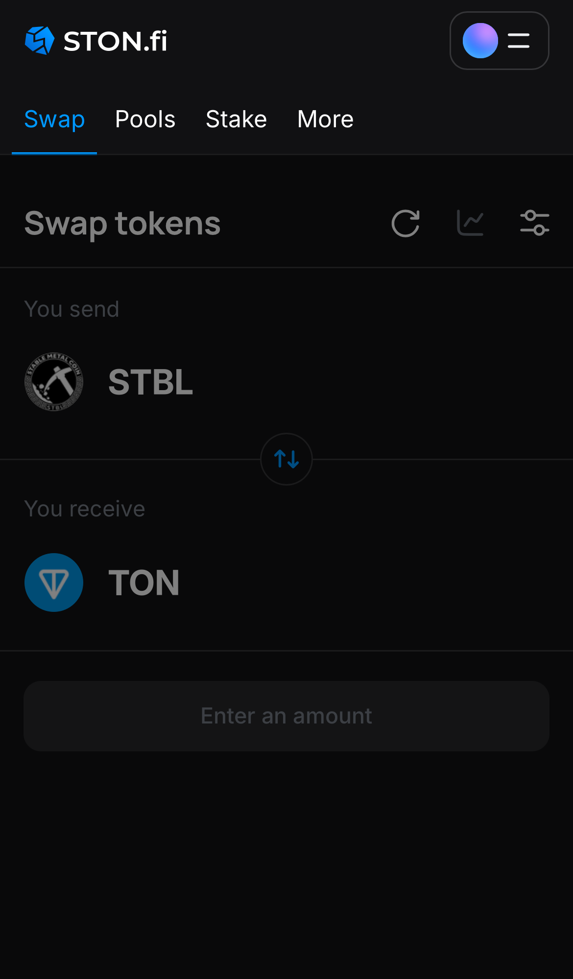 Open the STON.fi app and navigate to the ‘Swap‘ tab.