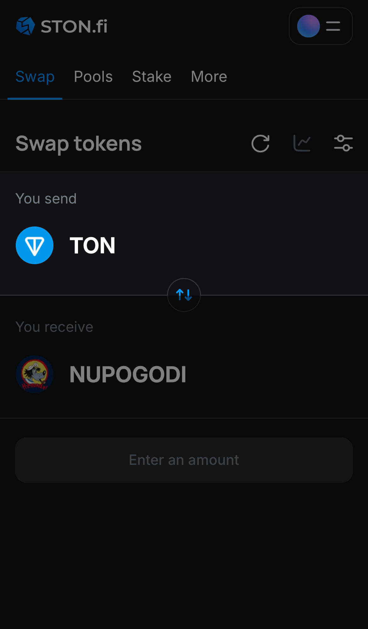 Choose a token in the ‘You send’ box — for example, TON.