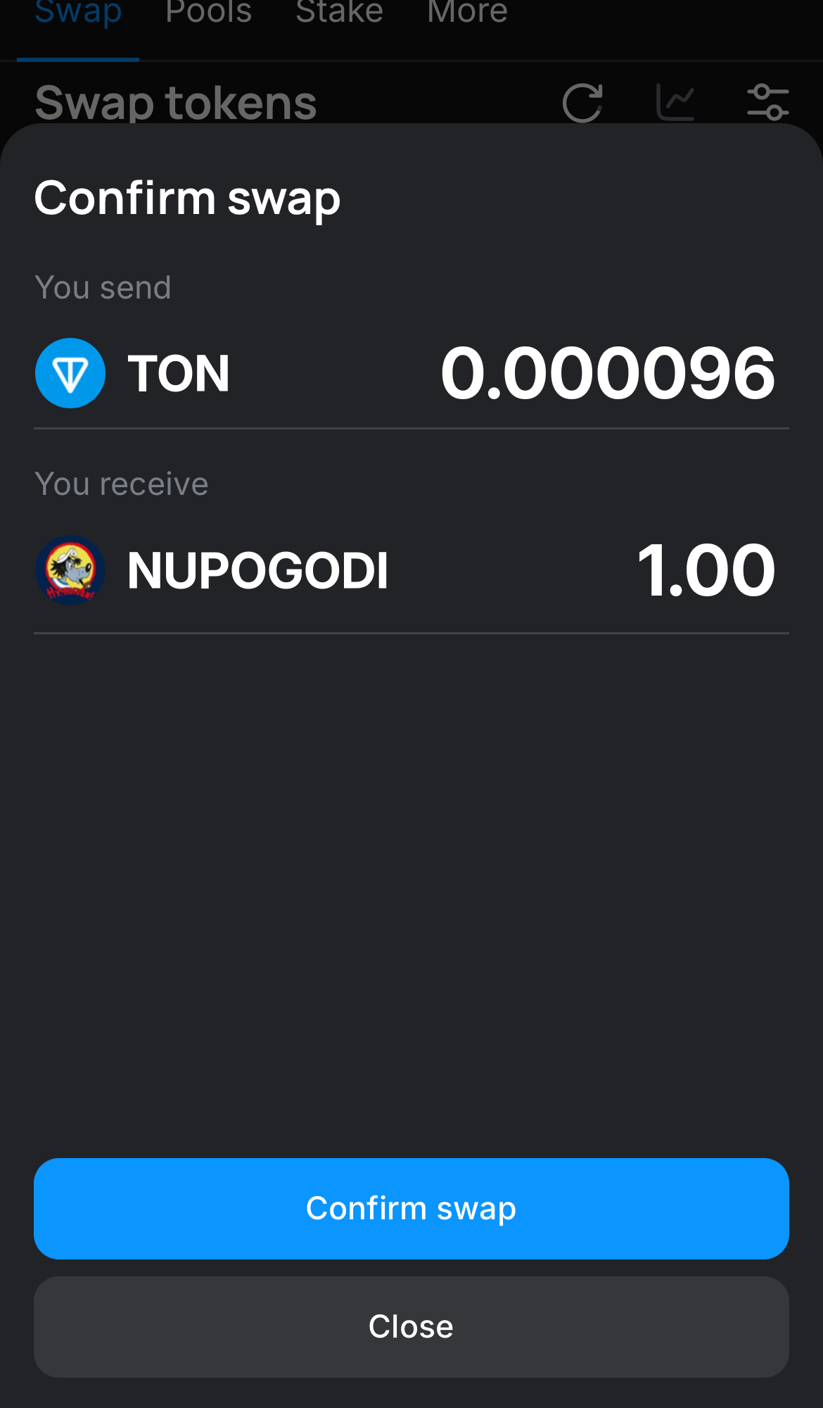 Click ‘Swap‘, double-check the details, and confirm the transaction by clicking the ‘Confirm swap‘ button.