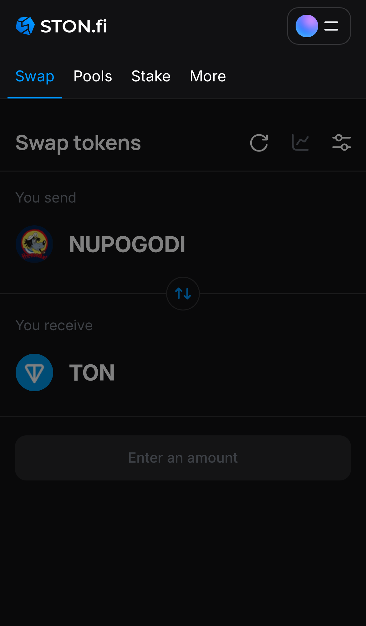 Open the STON.fi app and navigate to the ‘Swap‘ tab.
