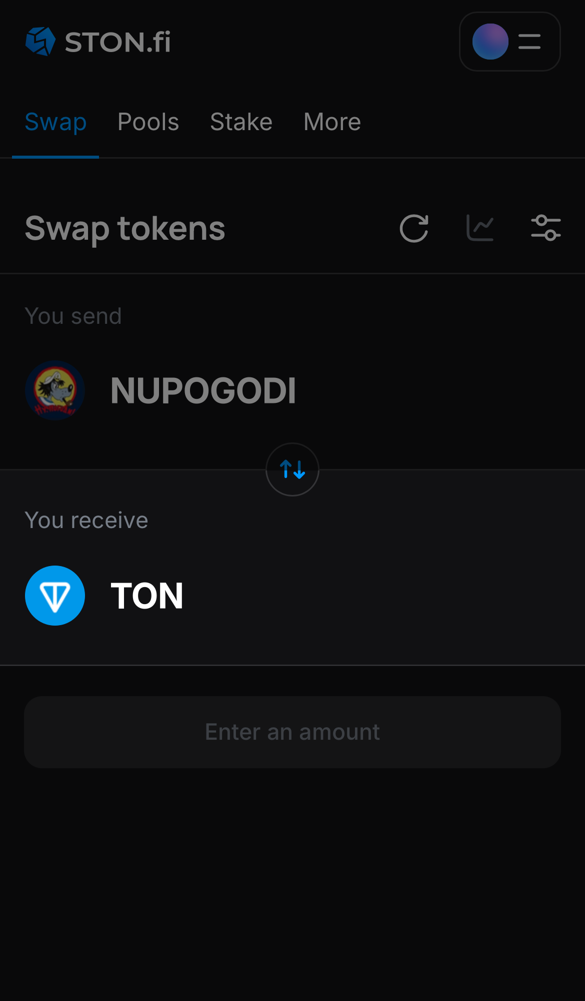 Choose a token in the ‘You receive’ box — for example, TON.