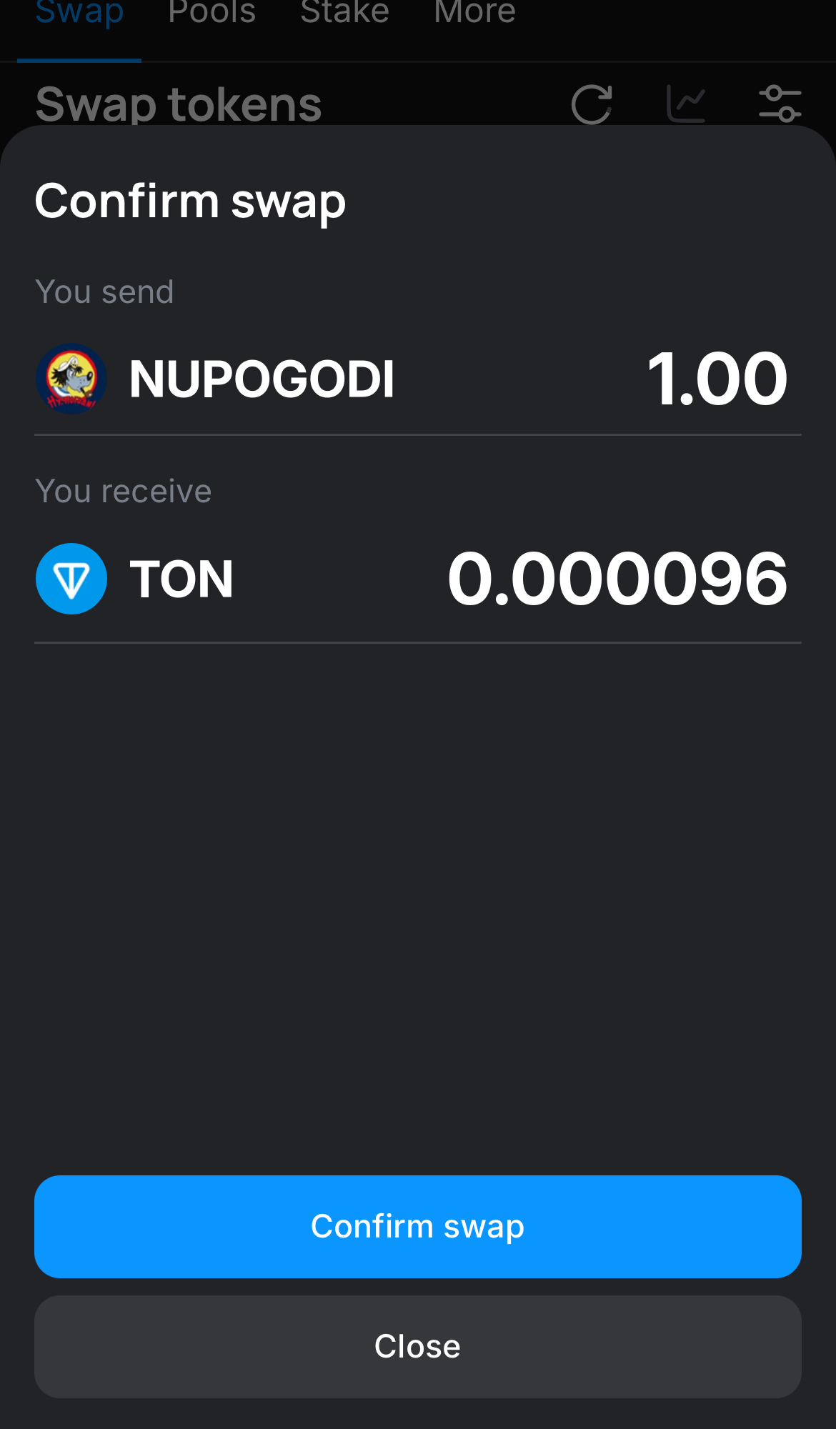 Click ‘Swap‘, double-check the details, and confirm the transaction by clicking the ‘Confirm swap‘ button.