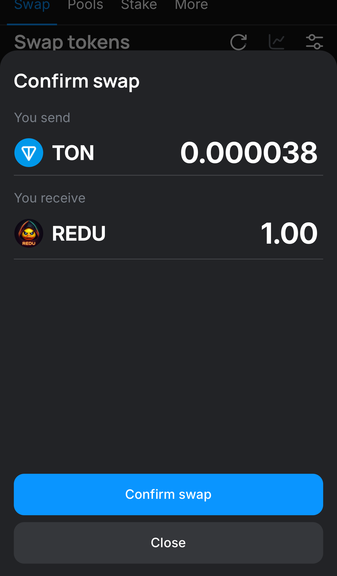 Click ‘Swap‘, double-check the details, and confirm the transaction by clicking the ‘Confirm swap‘ button.