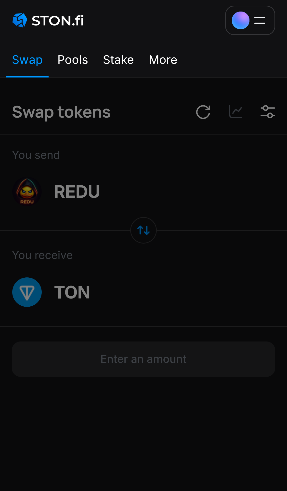 Open the STON.fi app and navigate to the ‘Swap‘ tab.