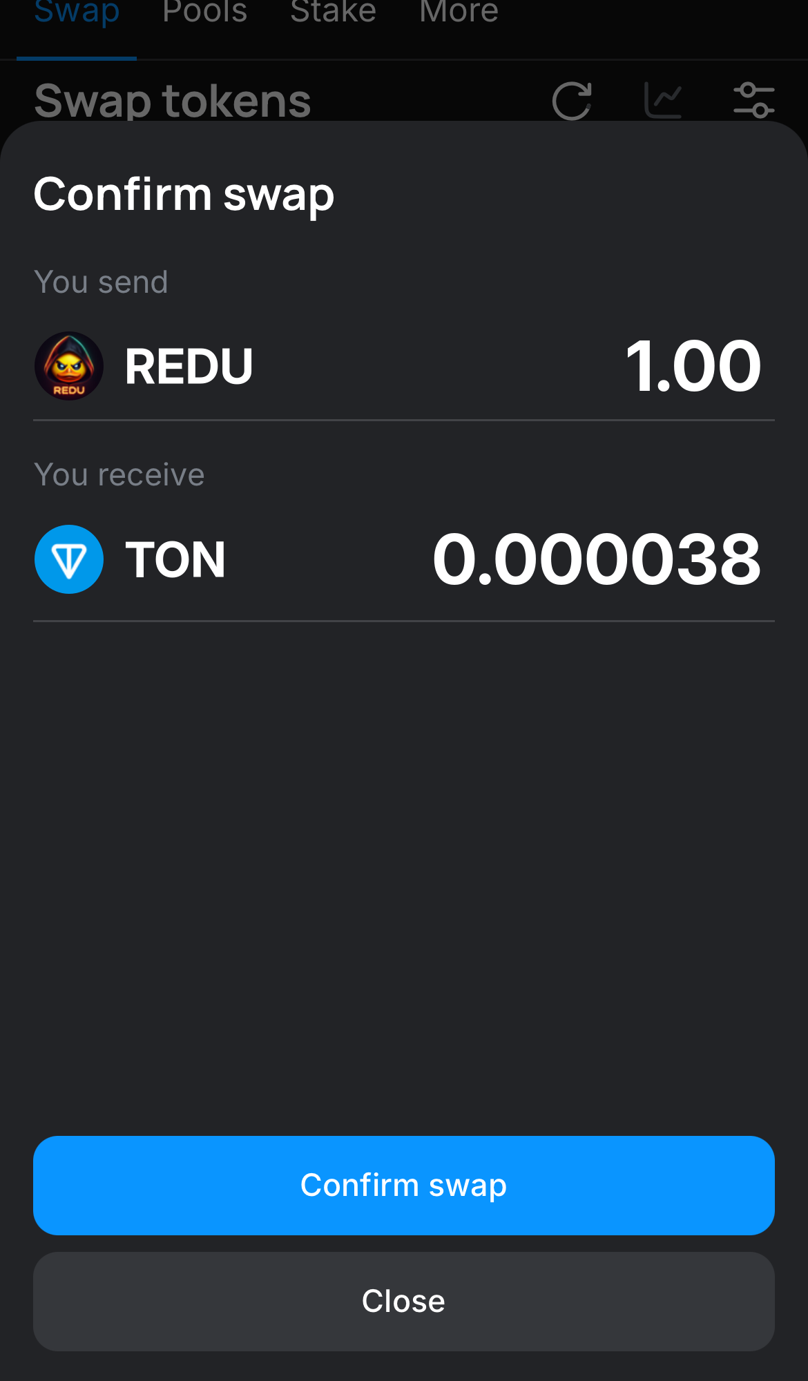 Click ‘Swap‘, double-check the details, and confirm the transaction by clicking the ‘Confirm swap‘ button.