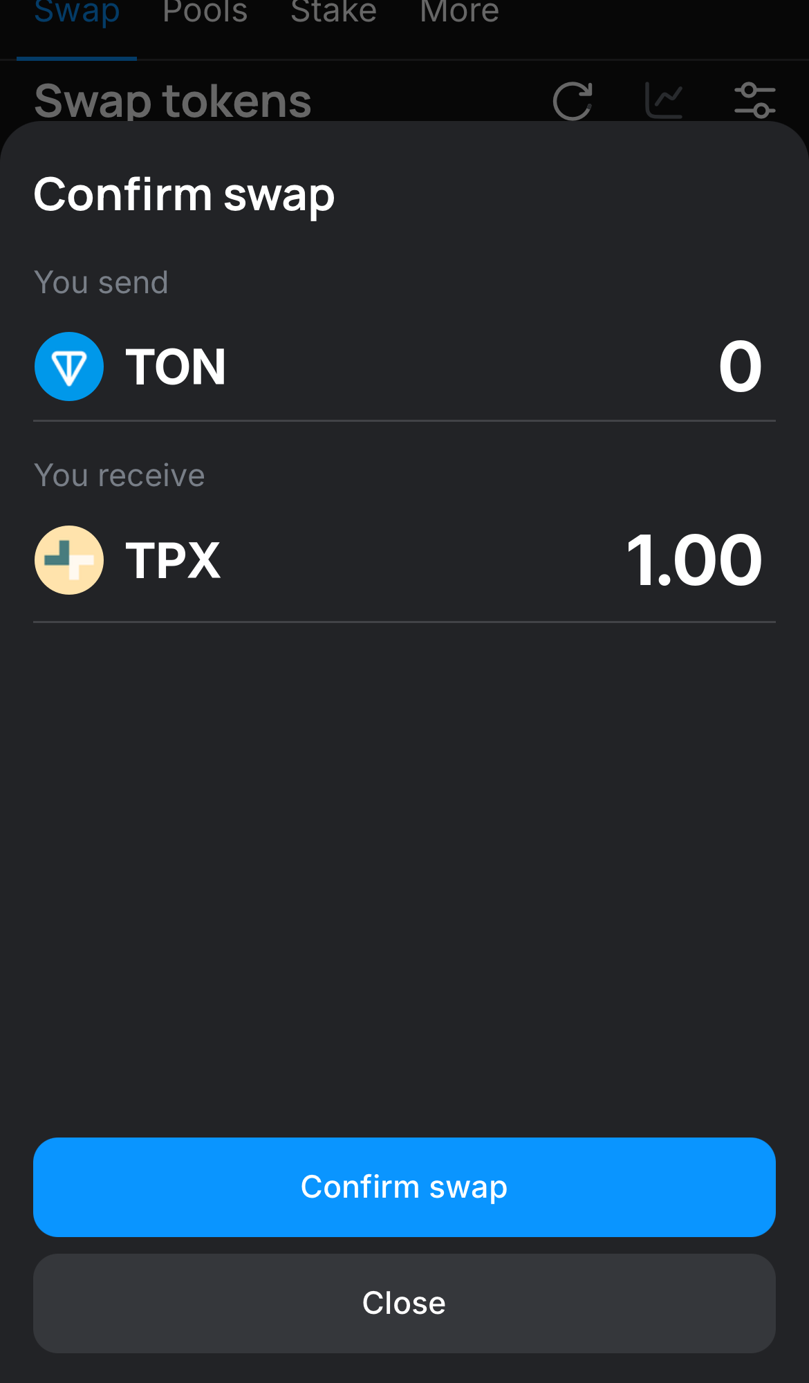 Cliquez sur ‘Swap‘, vérifiez les détails, puis confirmez la transaction en cliquant sur le bouton ‘Confirm swap‘.