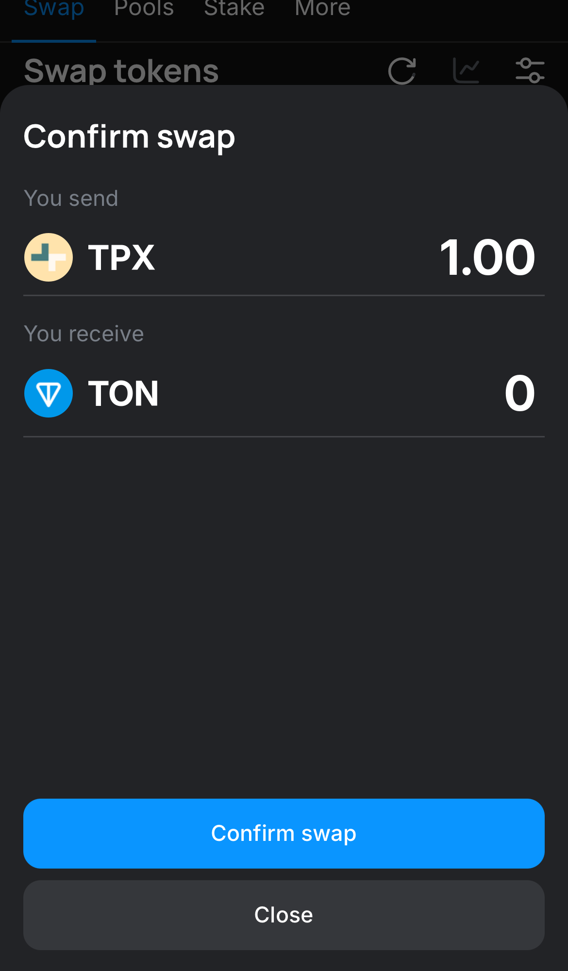 Cliquez sur ‘Swap‘, vérifiez les détails, puis confirmez la transaction en cliquant sur le bouton ‘Confirm swap‘.