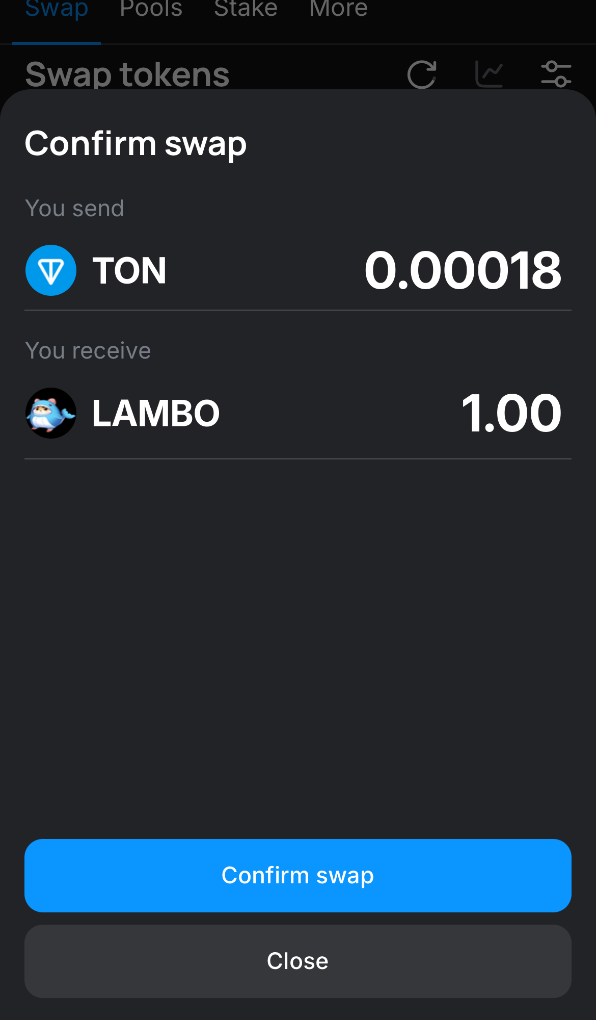 Click ‘Swap‘, double-check the details, and confirm the transaction by clicking the ‘Confirm swap‘ button.