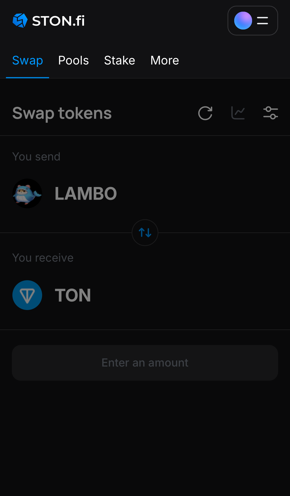 Open the STON.fi app and navigate to the ‘Swap‘ tab.