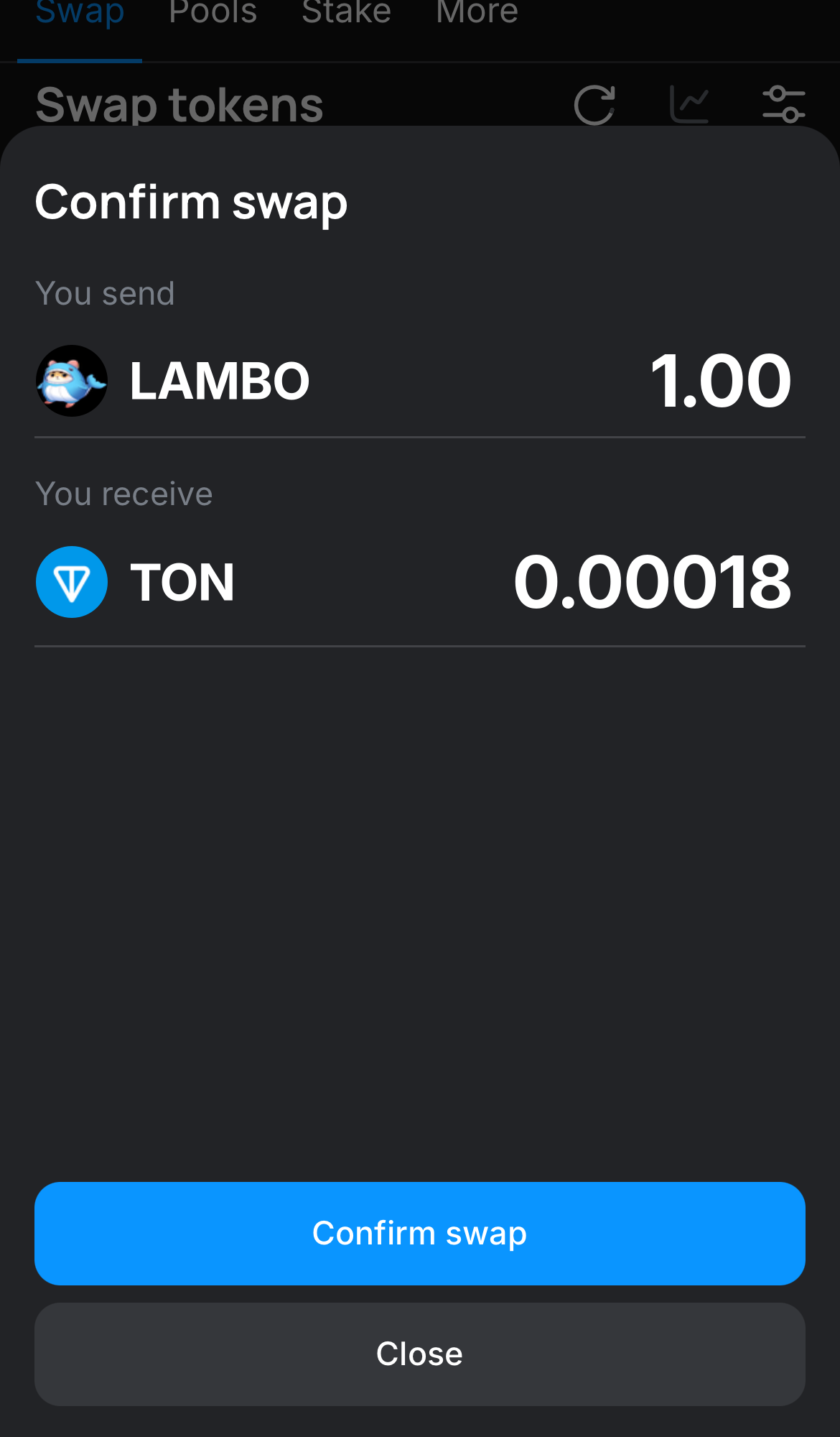 Click ‘Swap‘, double-check the details, and confirm the transaction by clicking the ‘Confirm swap‘ button.
