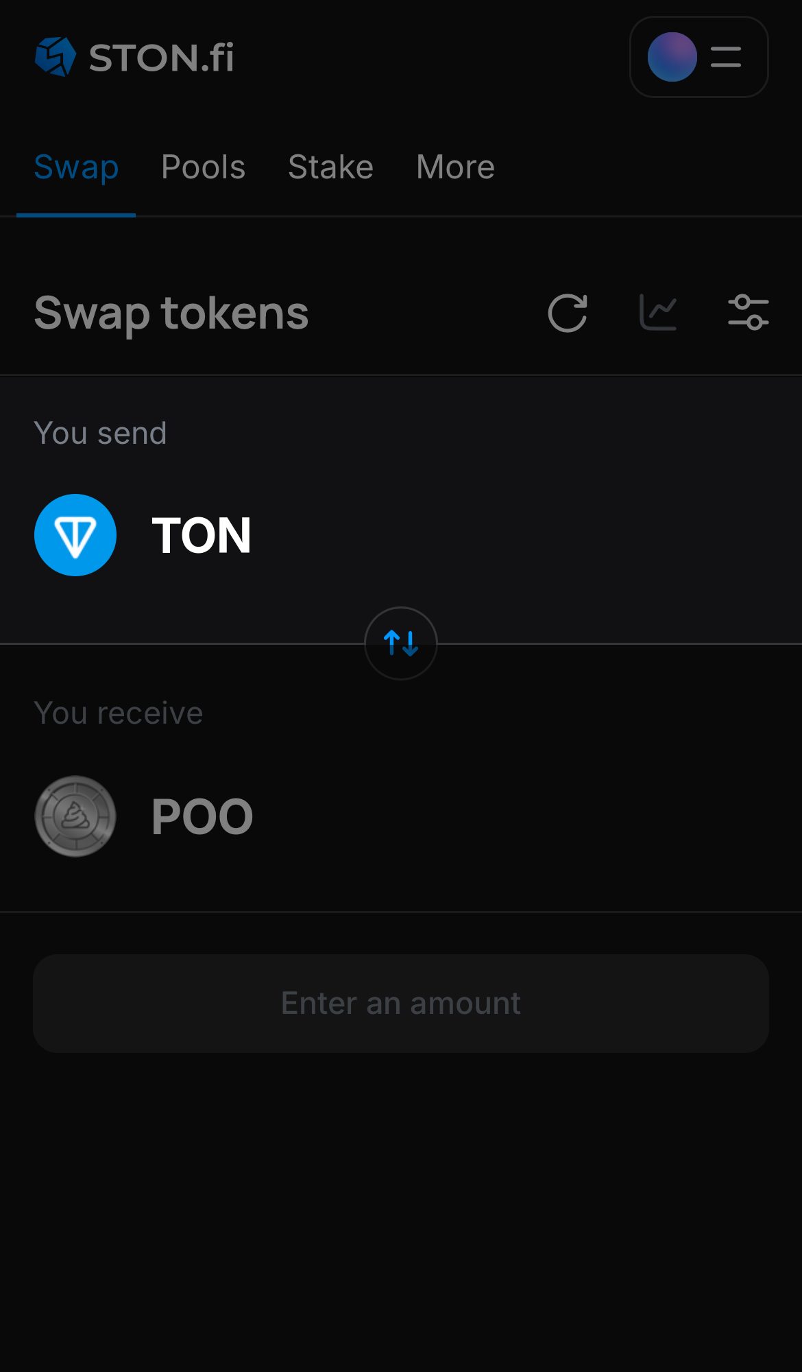 Elige un token en la casilla ‘You send’ — por ejemplo, TON.