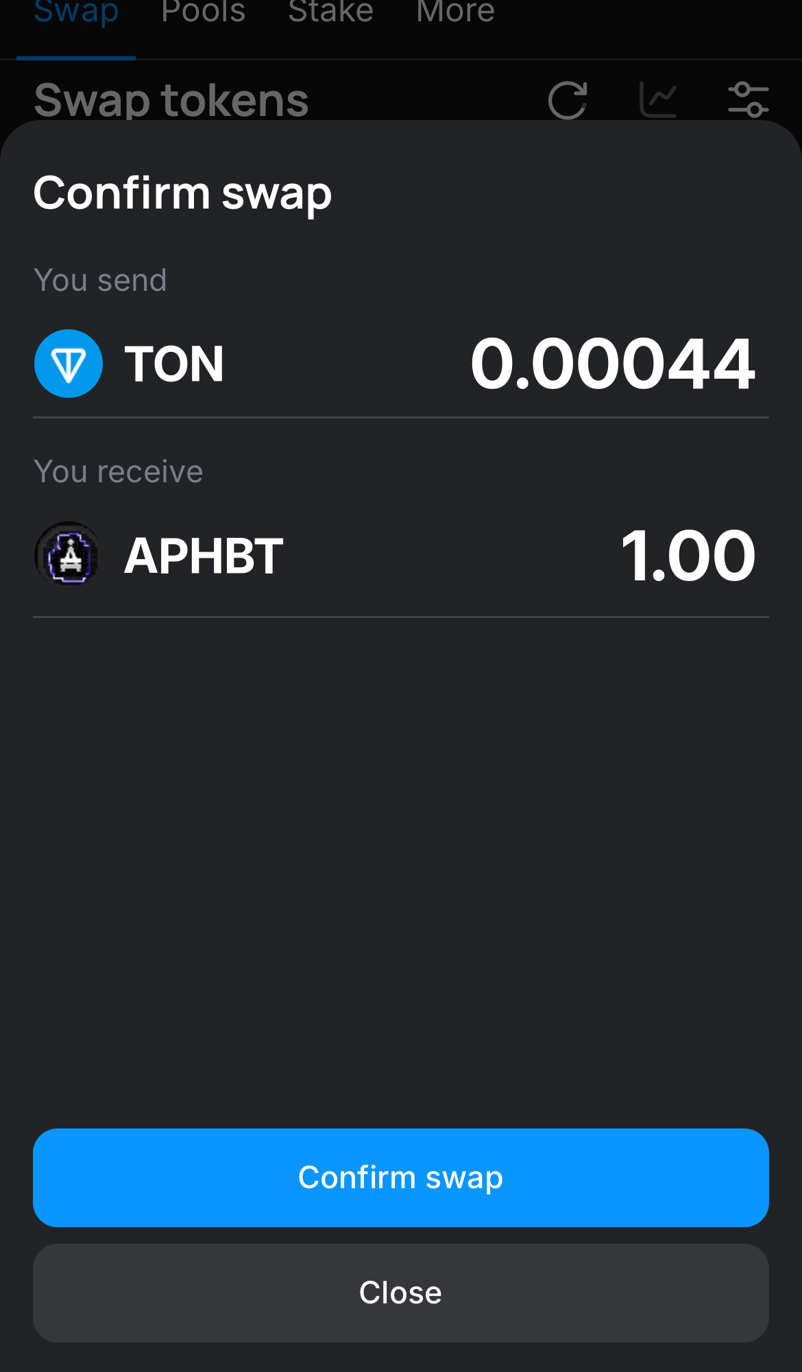 Cliquez sur ‘Swap‘, vérifiez les détails, puis confirmez la transaction en cliquant sur le bouton ‘Confirm swap‘.