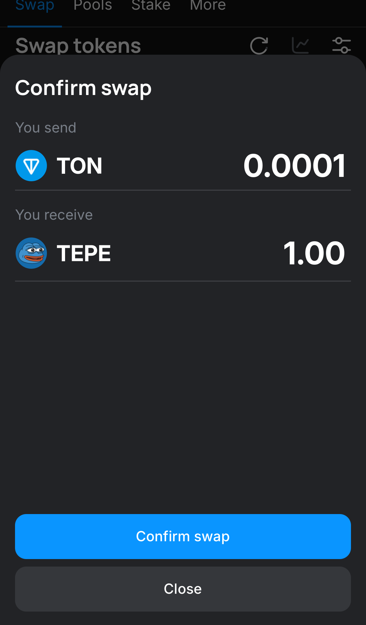 Click ‘Swap‘, double-check the details, and confirm the transaction by clicking the ‘Confirm swap‘ button.