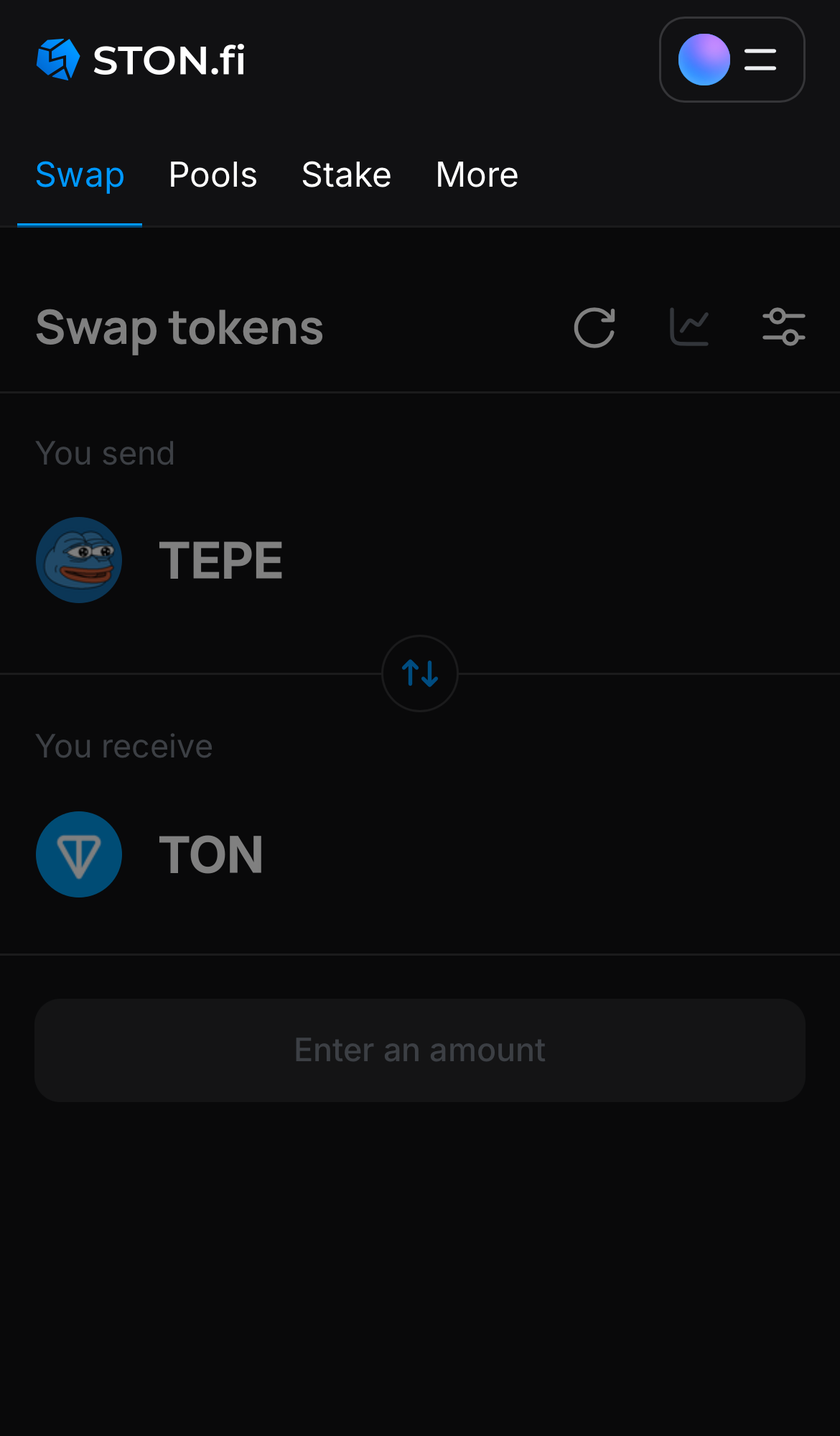 Open the STON.fi app and navigate to the ‘Swap‘ tab.