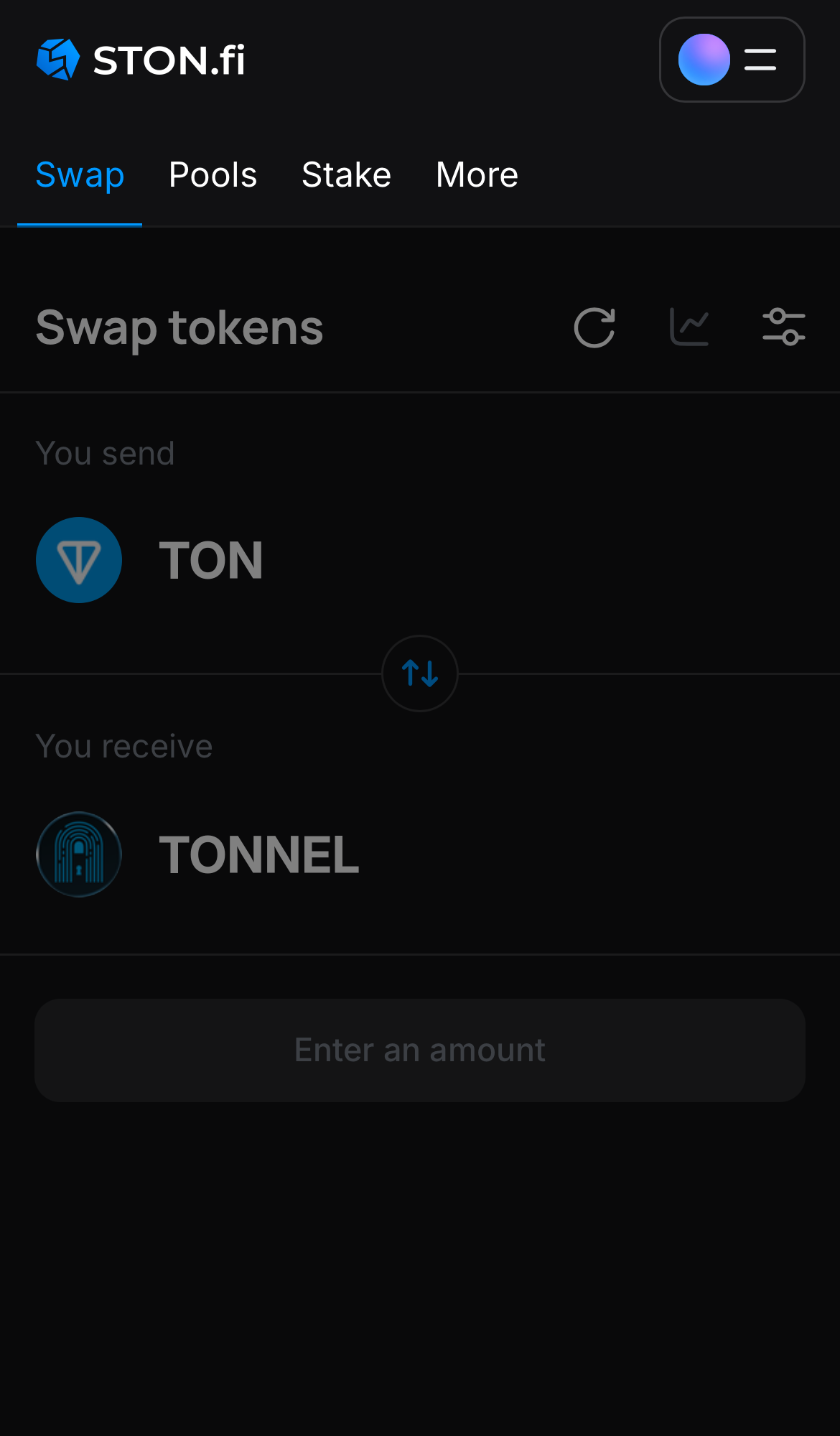 Open the STON.fi app and navigate to the ‘Swap‘ tab.