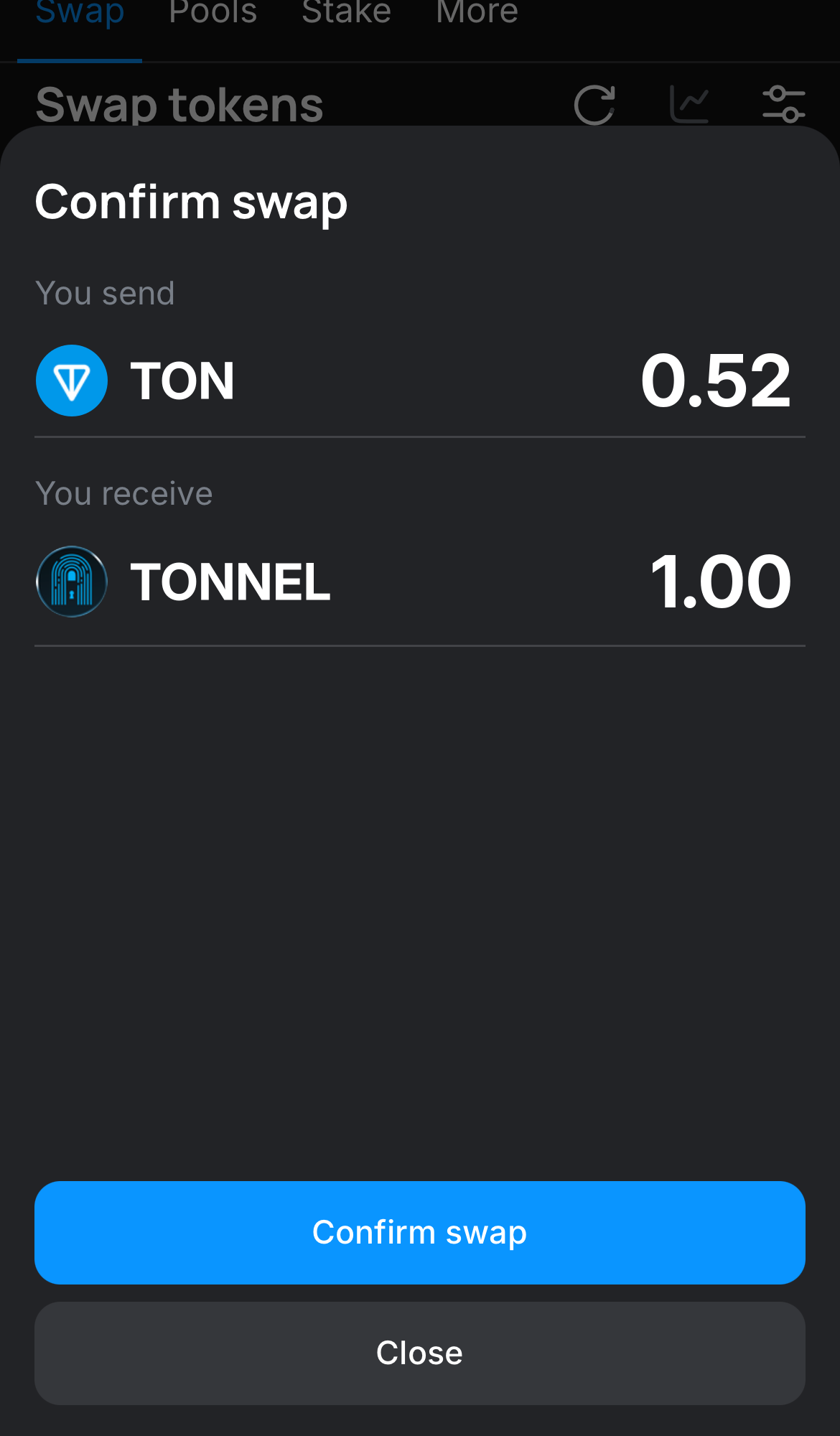 Click ‘Swap‘, double-check the details, and confirm the transaction by clicking the ‘Confirm swap‘ button.