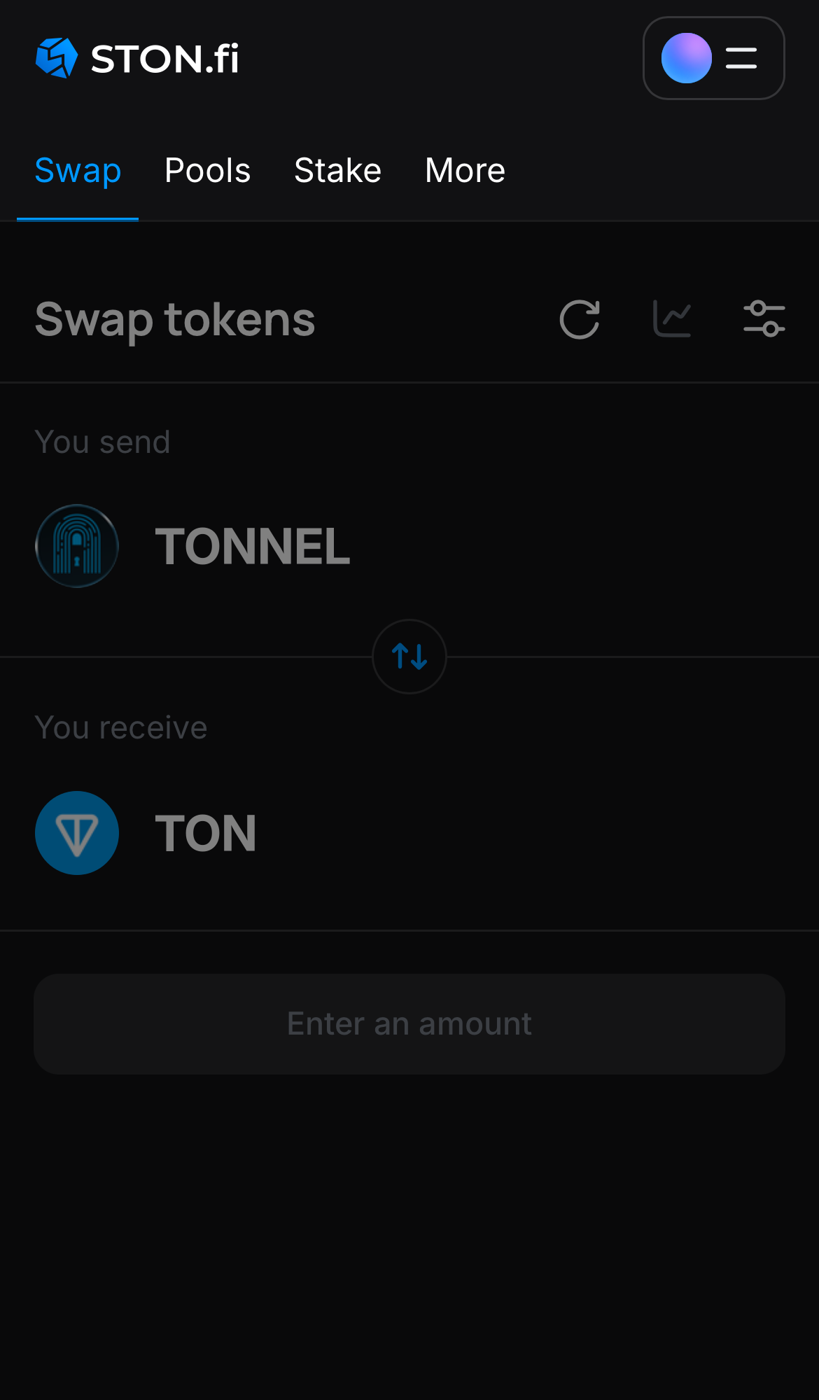 Open the STON.fi app and navigate to the ‘Swap‘ tab.