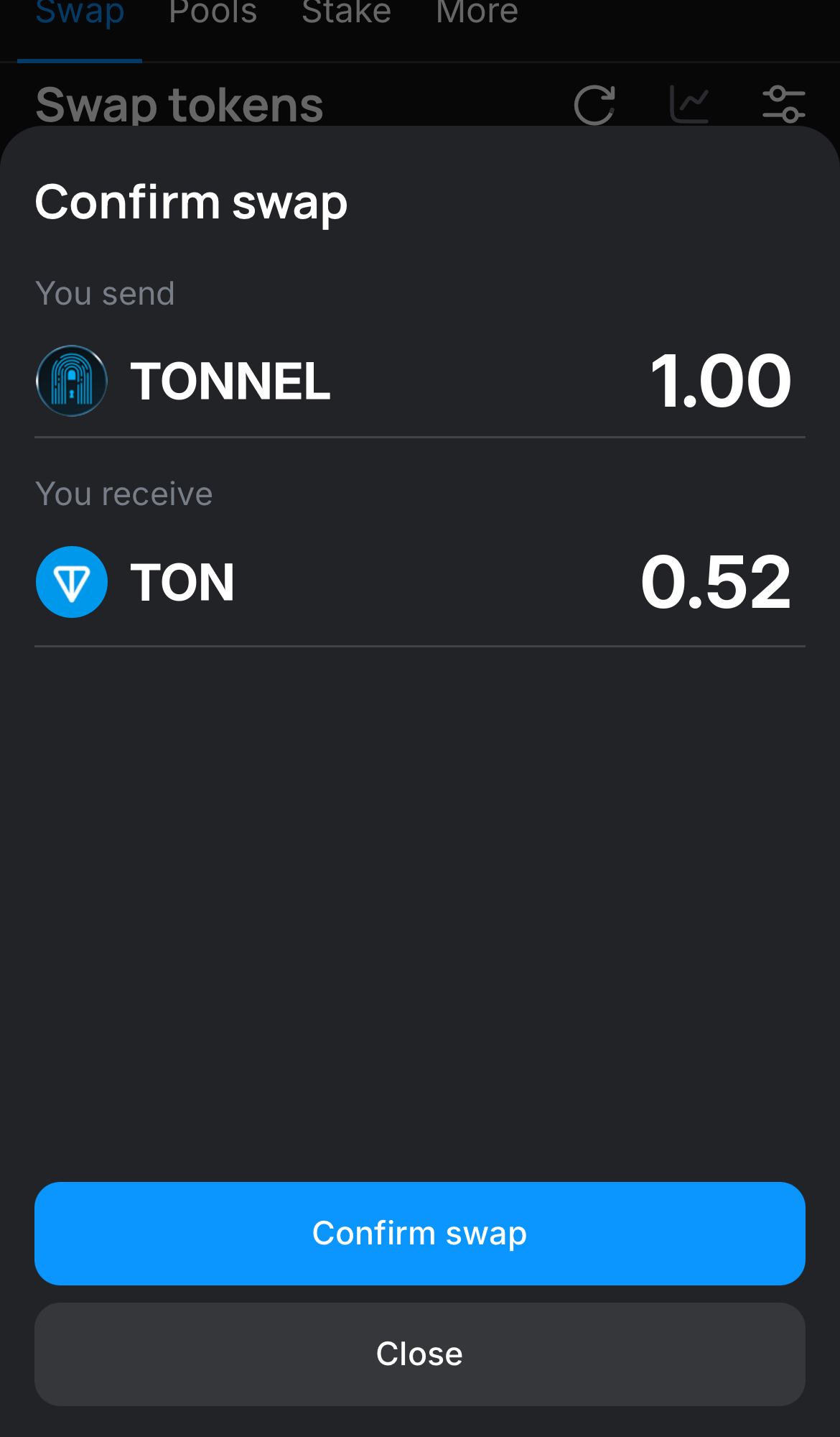 Click ‘Swap‘, double-check the details, and confirm the transaction by clicking the ‘Confirm swap‘ button.