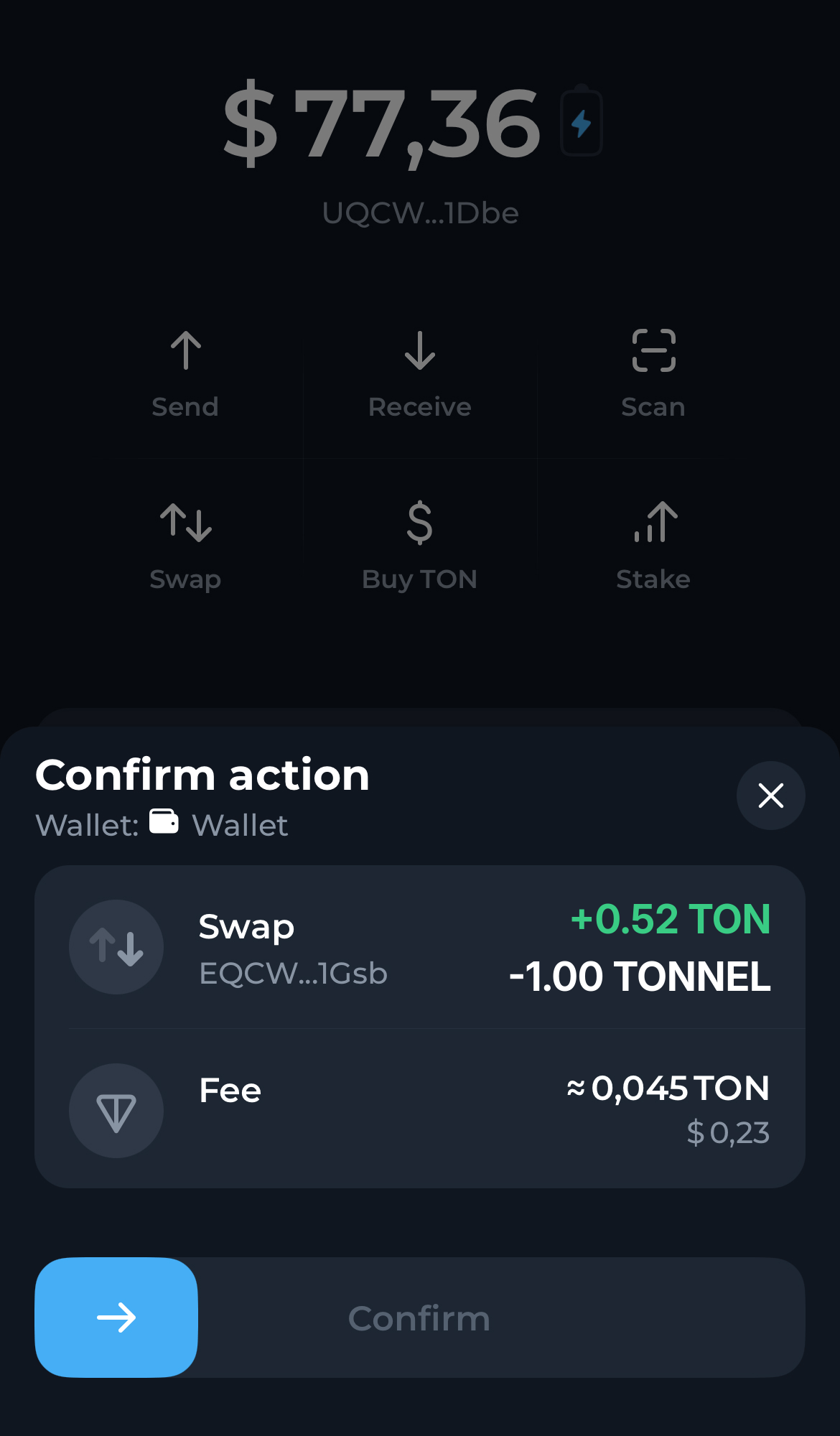 Confirm the swap in the popup notification in your wallet. Within seconds the TON tokens you acquired will appear in your wallet, visible on the main assets page.