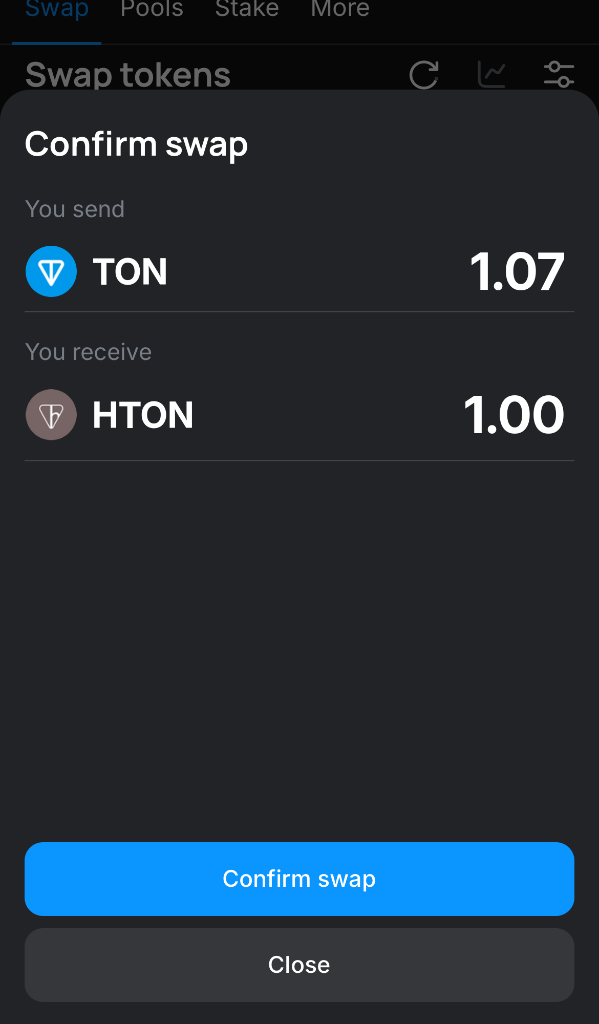 Click ‘Swap‘, double-check the details, and confirm the transaction by clicking the ‘Confirm swap‘ button.