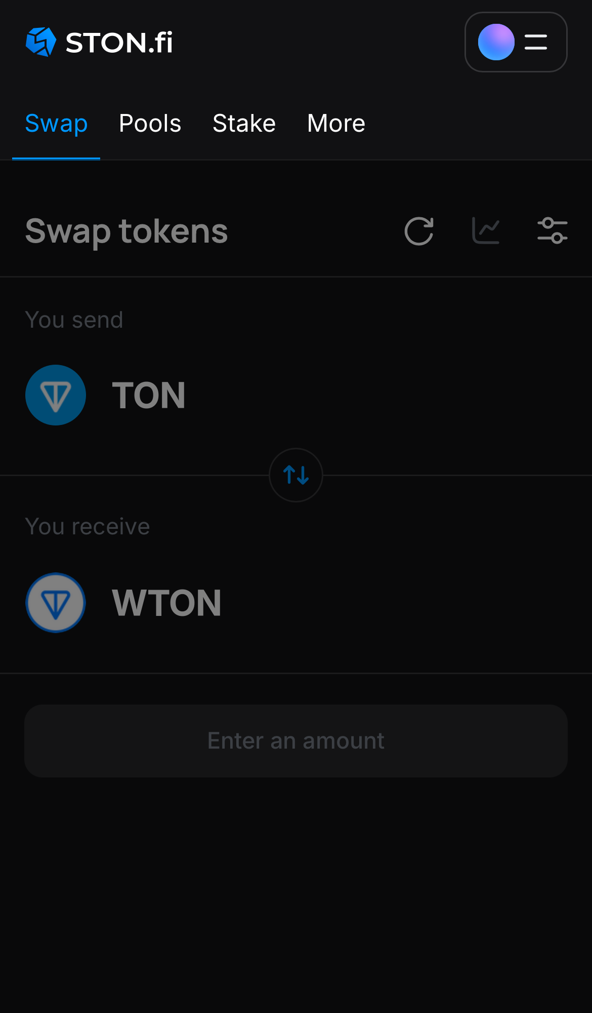 Open the STON.fi app and navigate to the ‘Swap‘ tab.