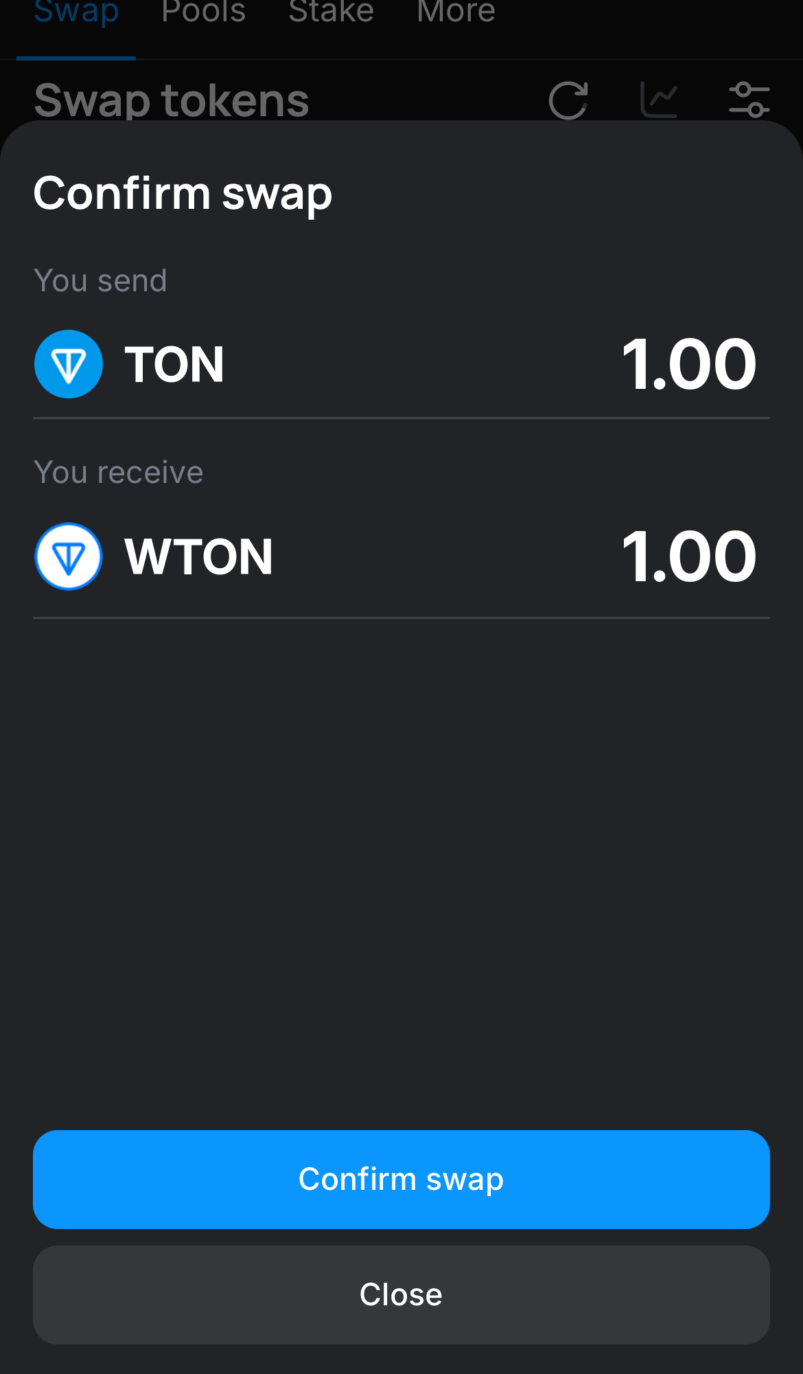 Click ‘Swap‘, double-check the details, and confirm the transaction by clicking the ‘Confirm swap‘ button.