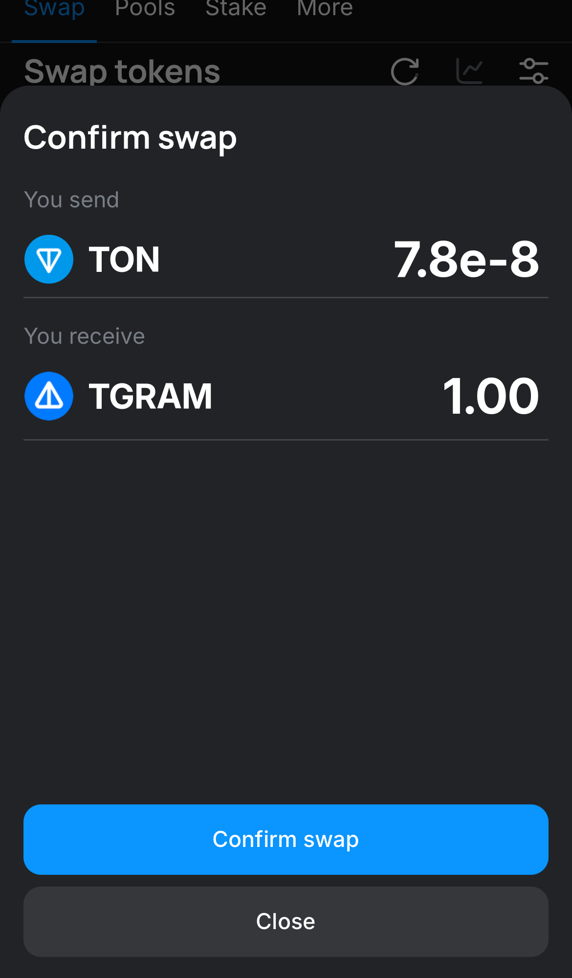 Click ‘Swap‘, double-check the details, and confirm the transaction by clicking the ‘Confirm swap‘ button.
