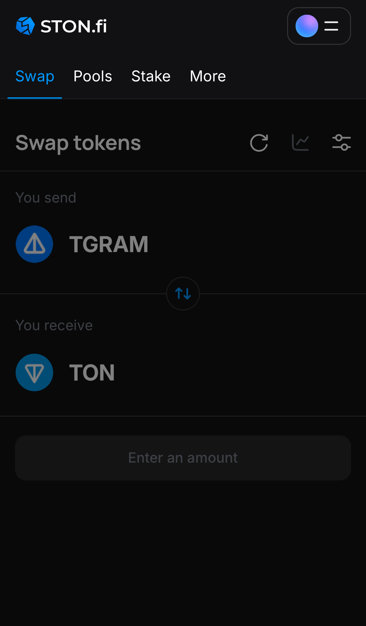 Open the STON.fi app and navigate to the ‘Swap‘ tab.