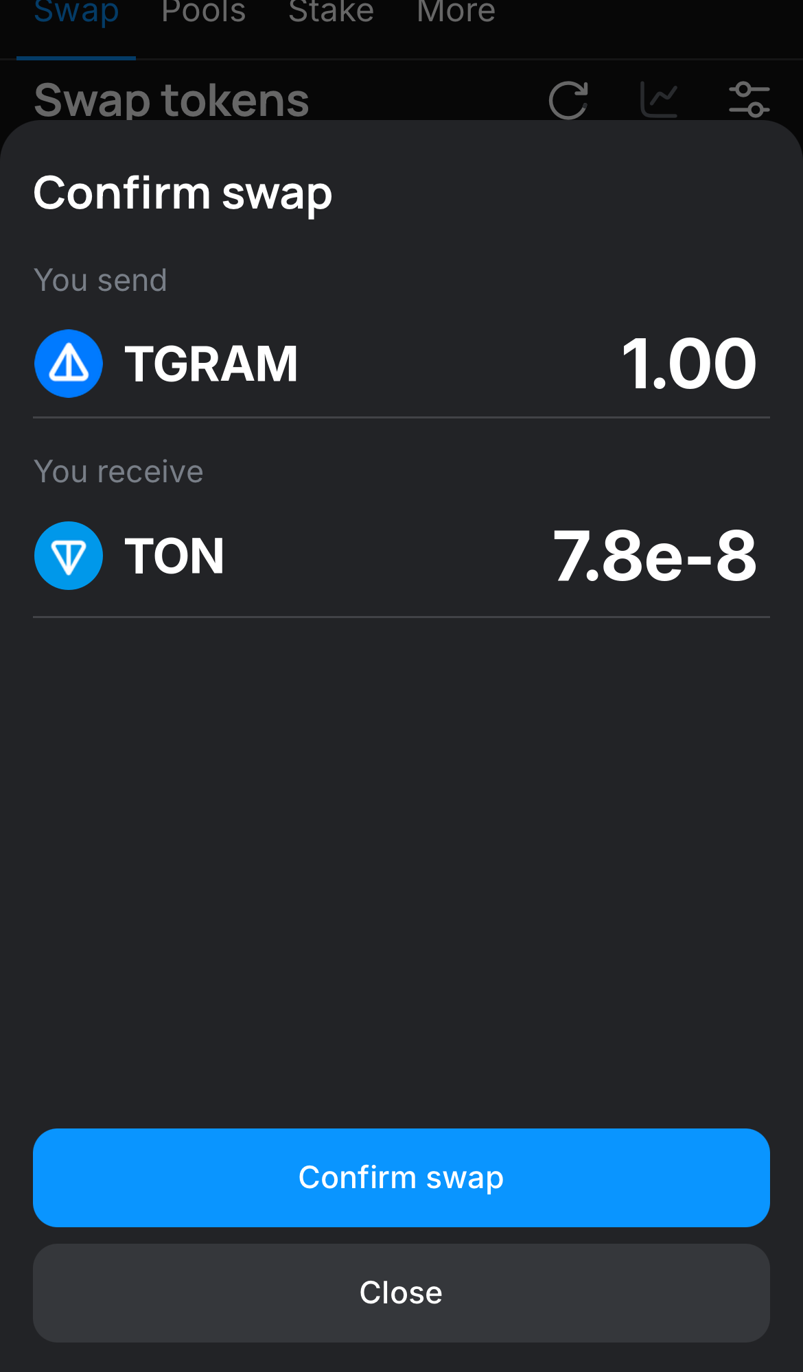 Click ‘Swap‘, double-check the details, and confirm the transaction by clicking the ‘Confirm swap‘ button.
