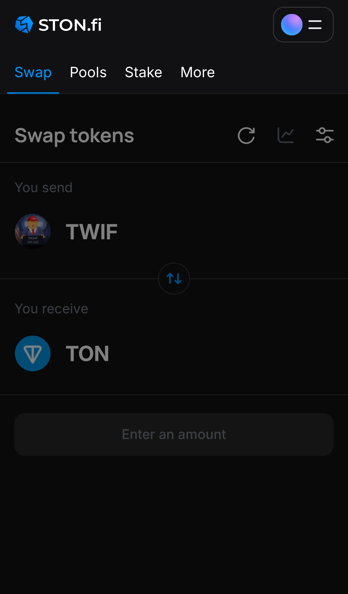 Open the STON.fi app and navigate to the ‘Swap‘ tab.