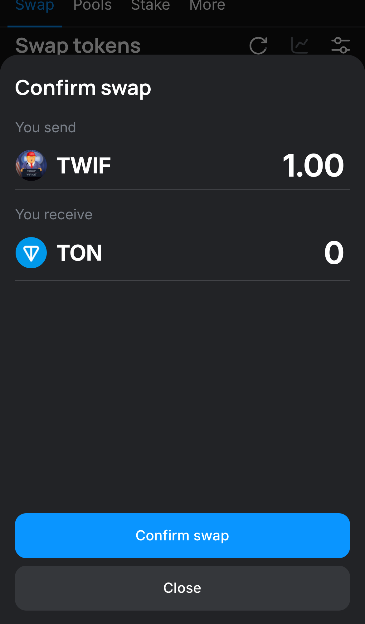 Click ‘Swap‘, double-check the details, and confirm the transaction by clicking the ‘Confirm swap‘ button.