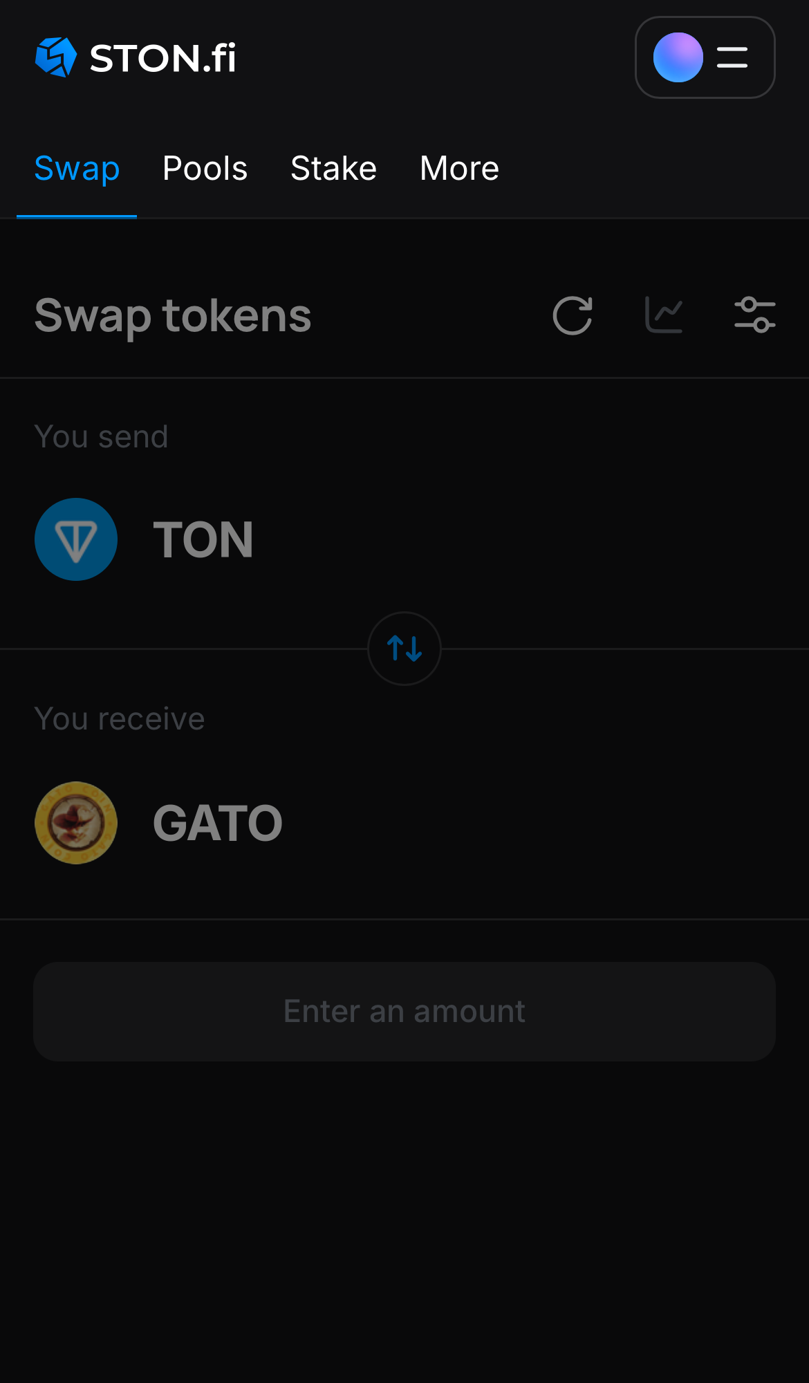 Open the STON.fi app and navigate to the ‘Swap‘ tab.