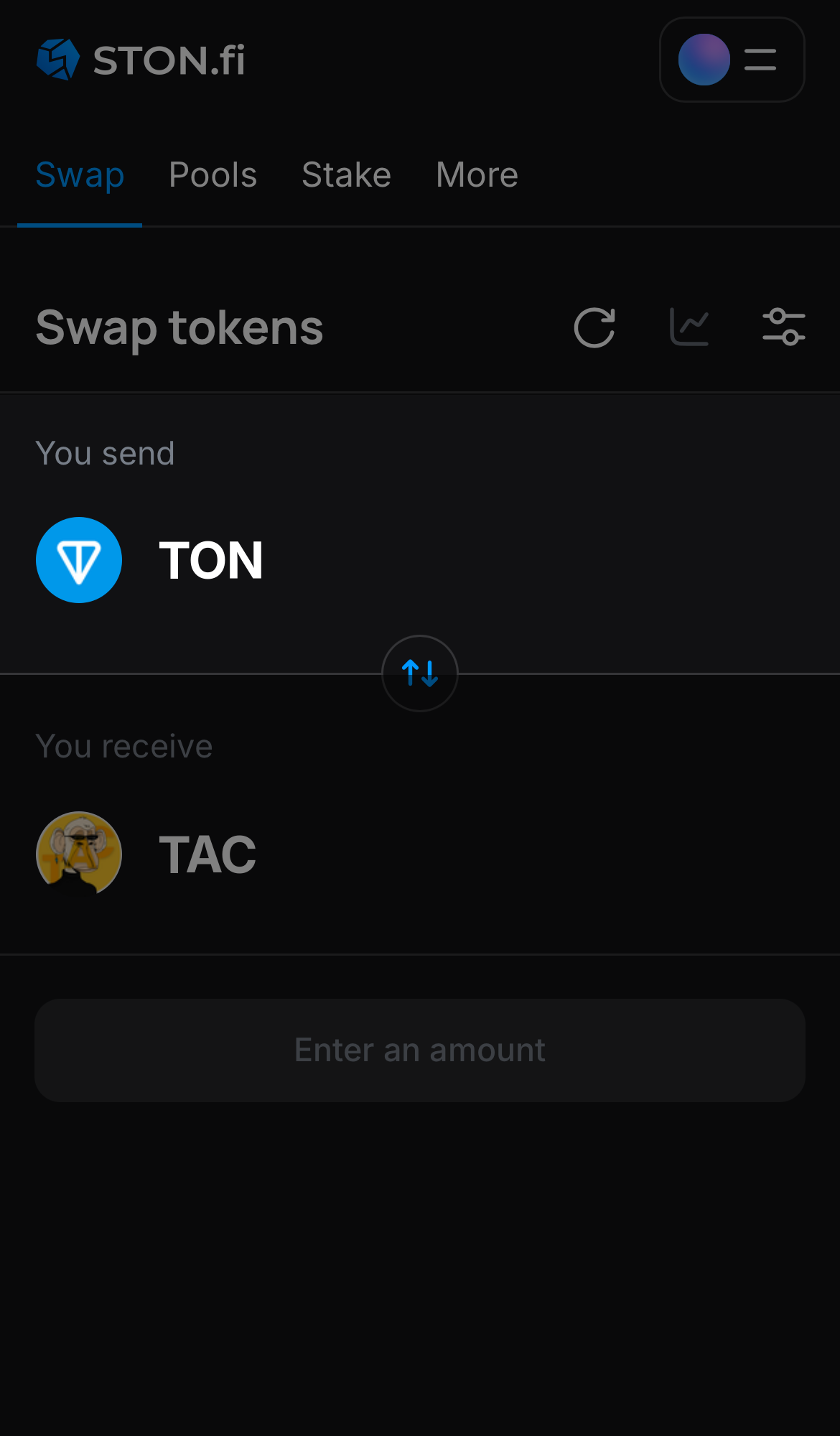 Choose a token in the ‘You send’ box — for example, TON.