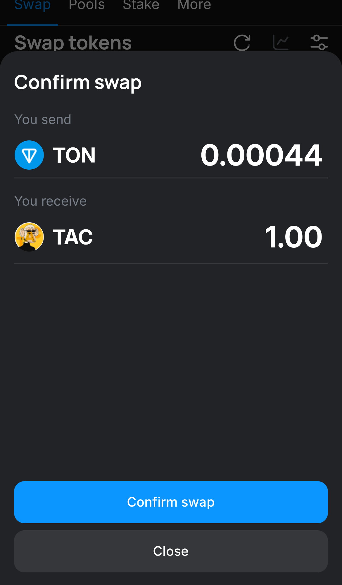 Click ‘Swap‘, double-check the details, and confirm the transaction by clicking the ‘Confirm swap‘ button.