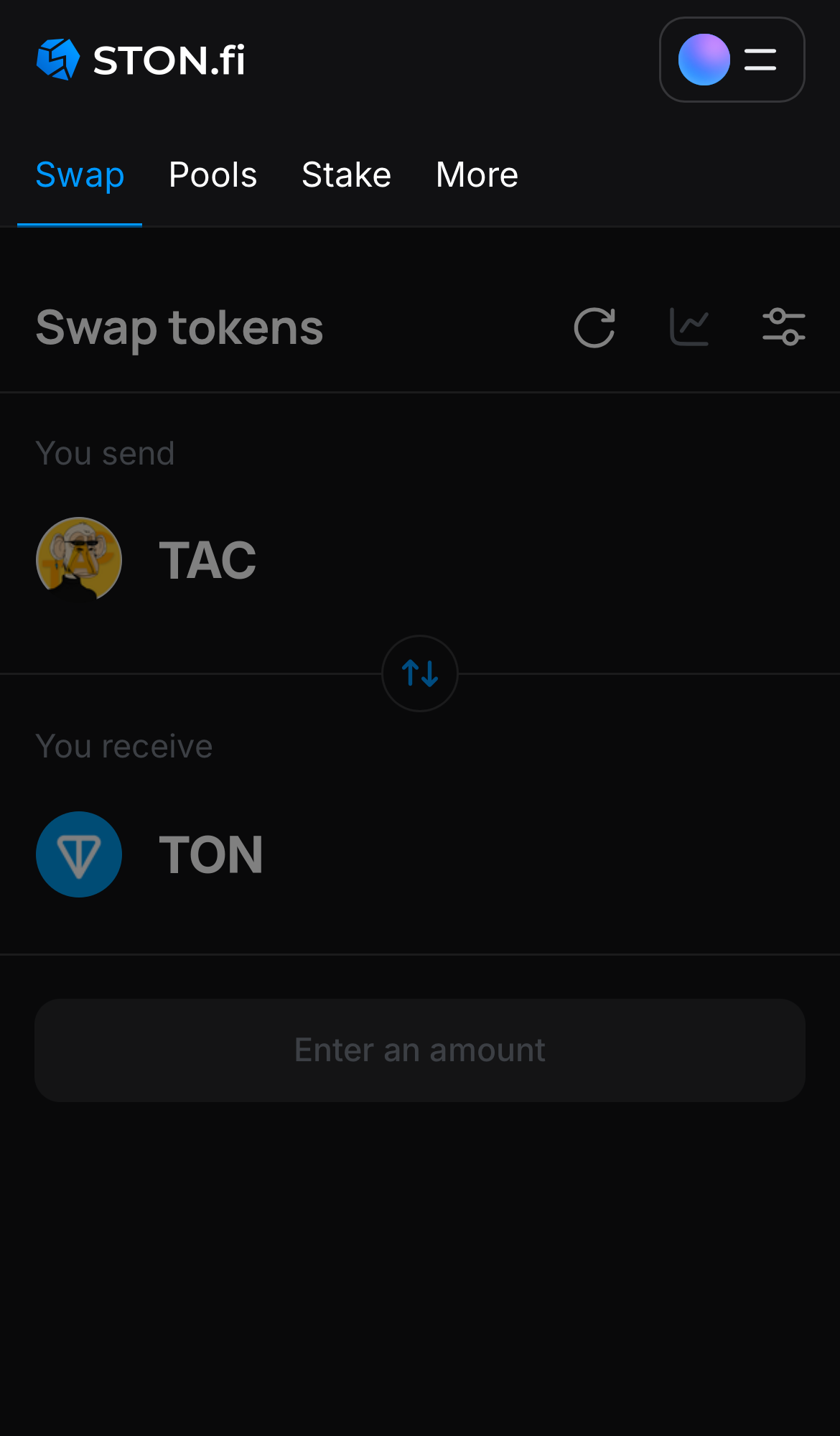 Open the STON.fi app and navigate to the ‘Swap‘ tab.