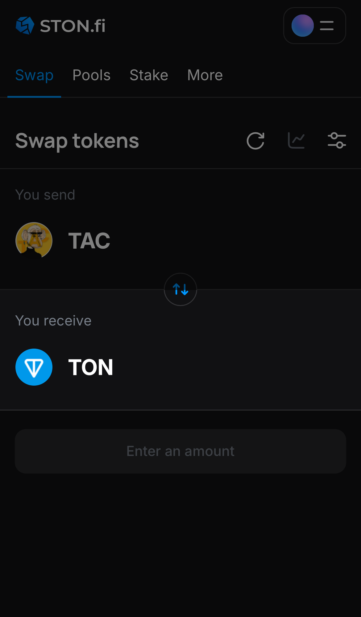 Choose a token in the ‘You receive’ box — for example, TON.