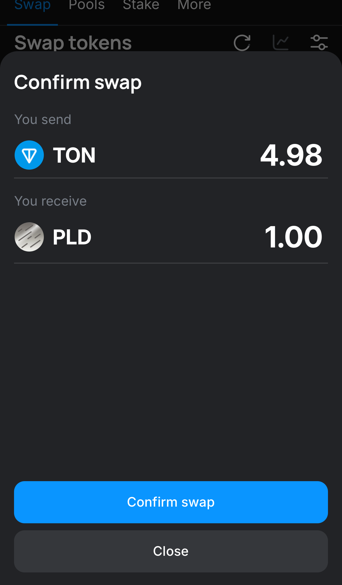 Haz clic en ‘Swap‘, revisa los detalles y confirma la transacción haciendo clic en el botón ‘Confirm swap‘.