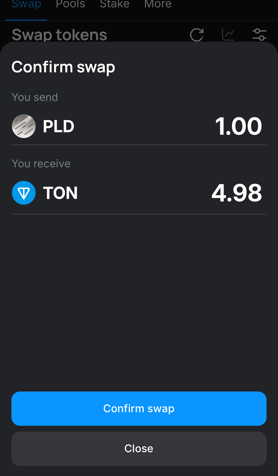 Haz clic en ‘Swap‘, revisa los detalles y confirma la transacción haciendo clic en el botón ‘Confirm swap‘.