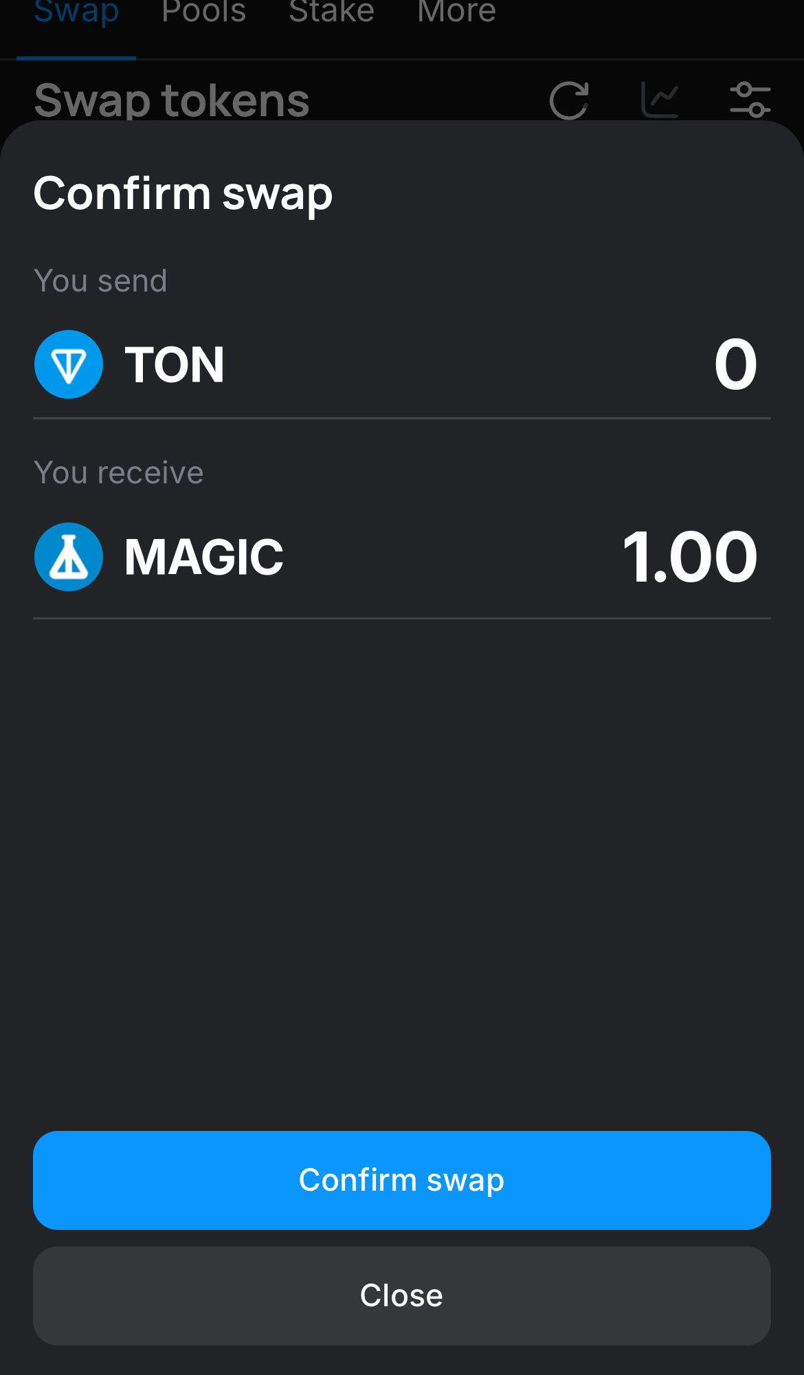 Cliquez sur ‘Swap‘, vérifiez les détails, puis confirmez la transaction en cliquant sur le bouton ‘Confirm swap‘.