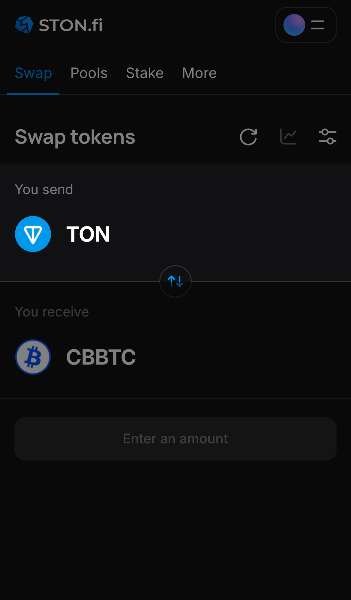 Выберите токен в поле «You send» — например, TON.