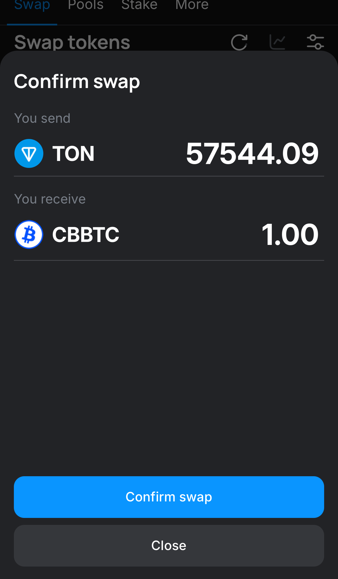 Нажмите на «Swap», дважды проверьте всю информацию и нажмите на кнопку «Confirm swap», чтобы подтвердить транзакцию.