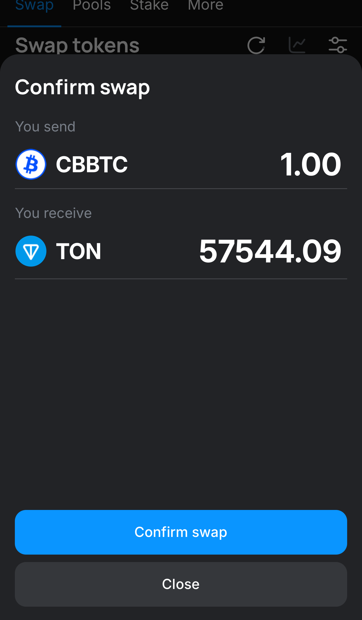 Нажмите на «Swap», дважды проверьте всю информацию и нажмите на кнопку «Confirm swap», чтобы подтвердить транзакцию.